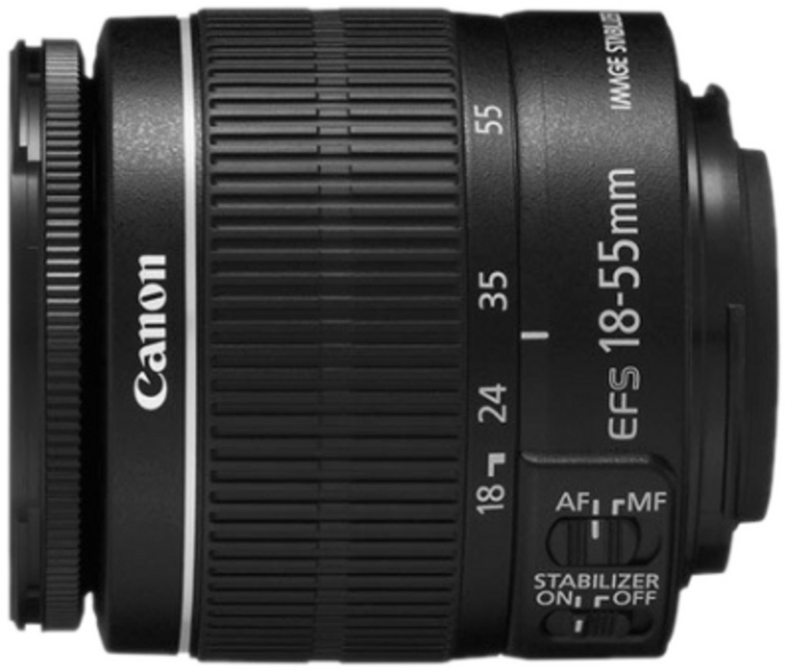 Nahaufnahme eines schwarzen Canon EFS 18-55mm Objektivs mit Fokus- und Zoomringen.