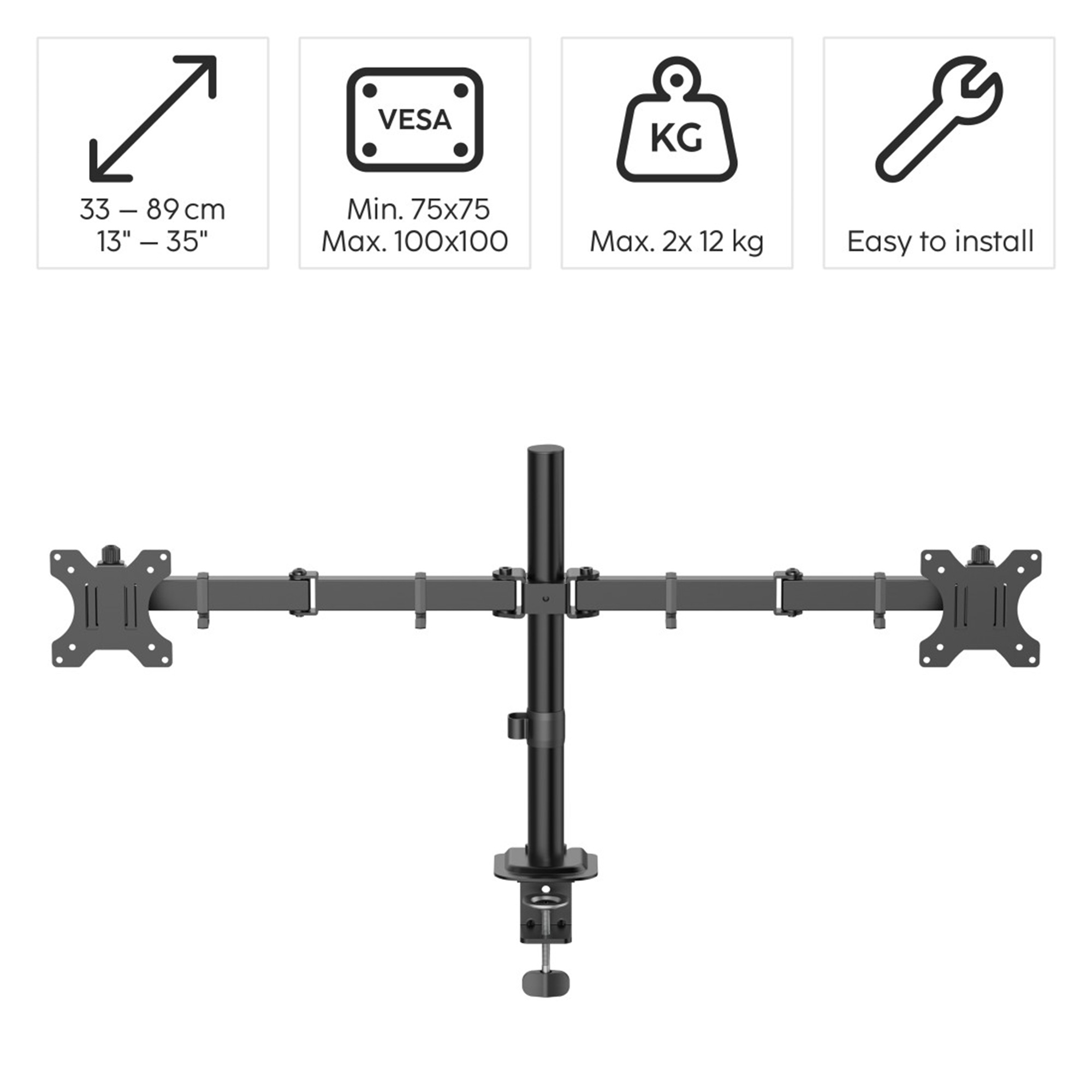 Doppelmonitor-Halterung mit VESA, 33-89cm, 2x12kg, einfach zu montieren.