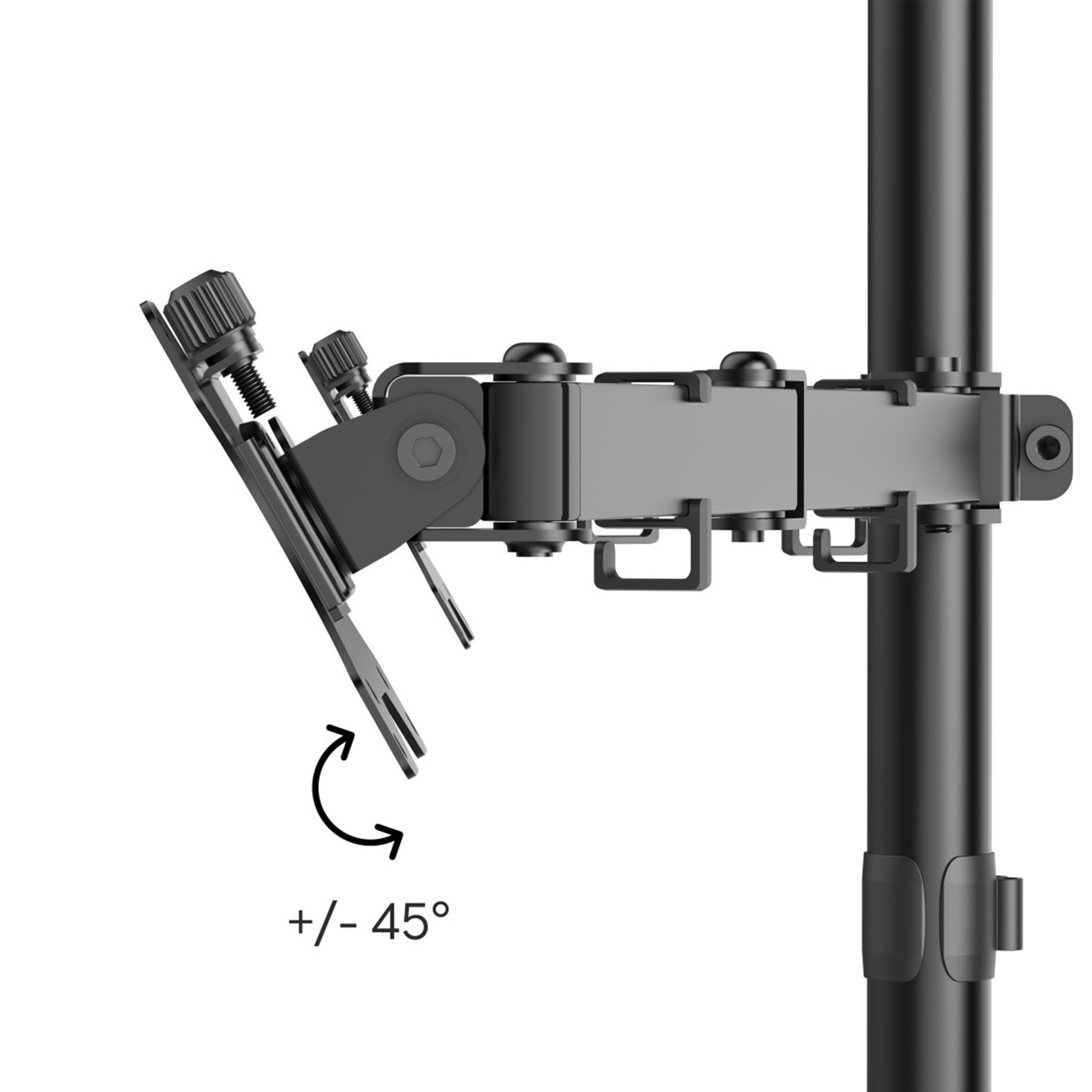 Ein schwarzer Monitorarm-Adapter auf einem schwarzen Mast, mit Verstellknöpfen.