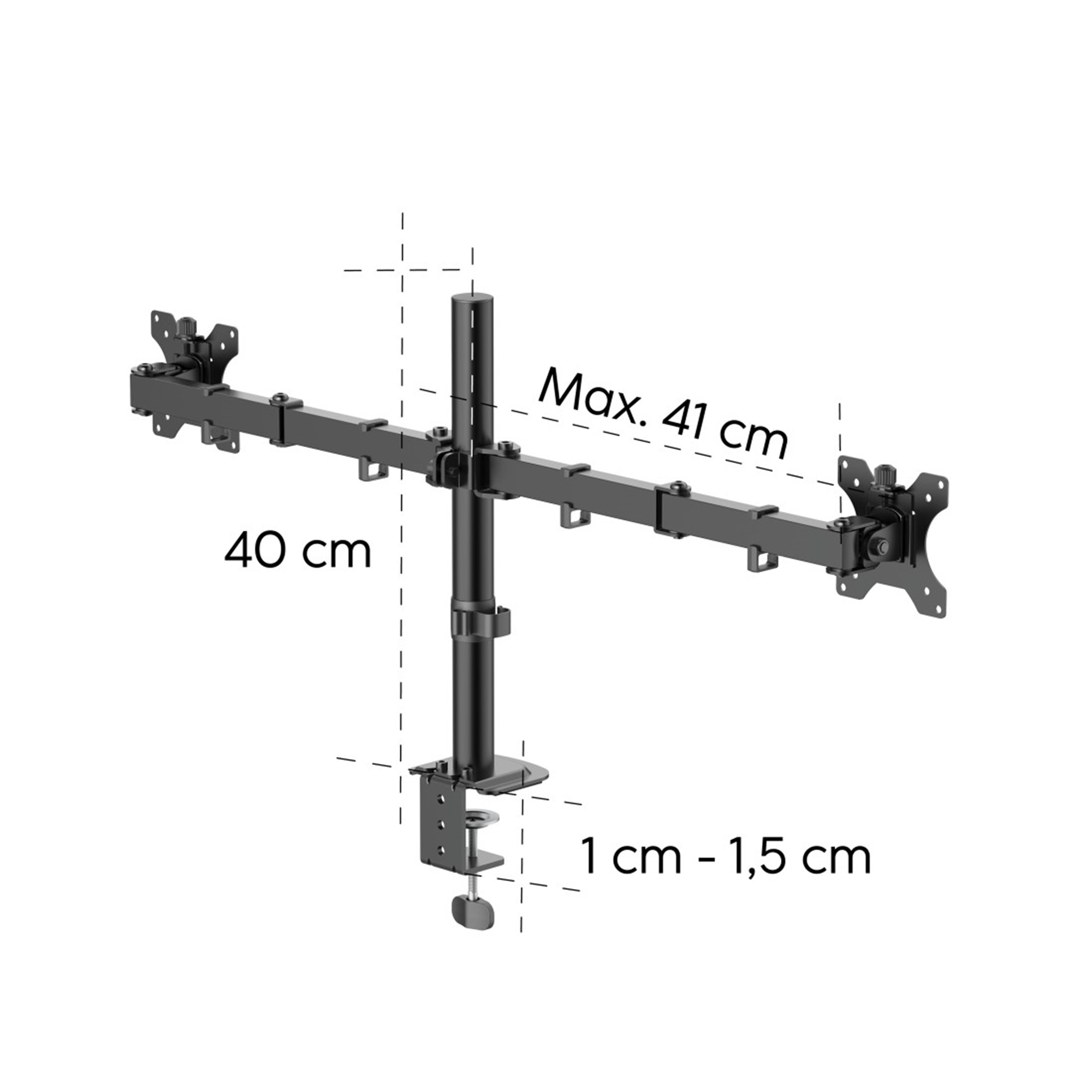 Schwarzer Doppelmonitorarm mit Klemme, Maße 40 cm und 41 cm.