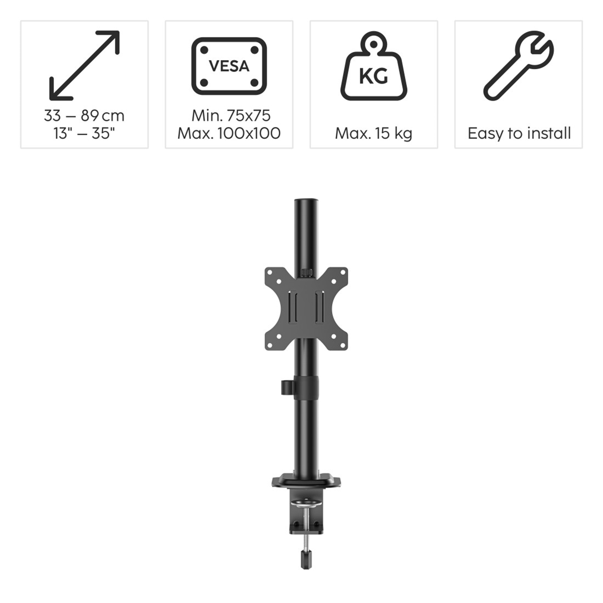 Monitorhalterung für 33-89cm Bildschirme, VESA 75-100, max. 15kg.