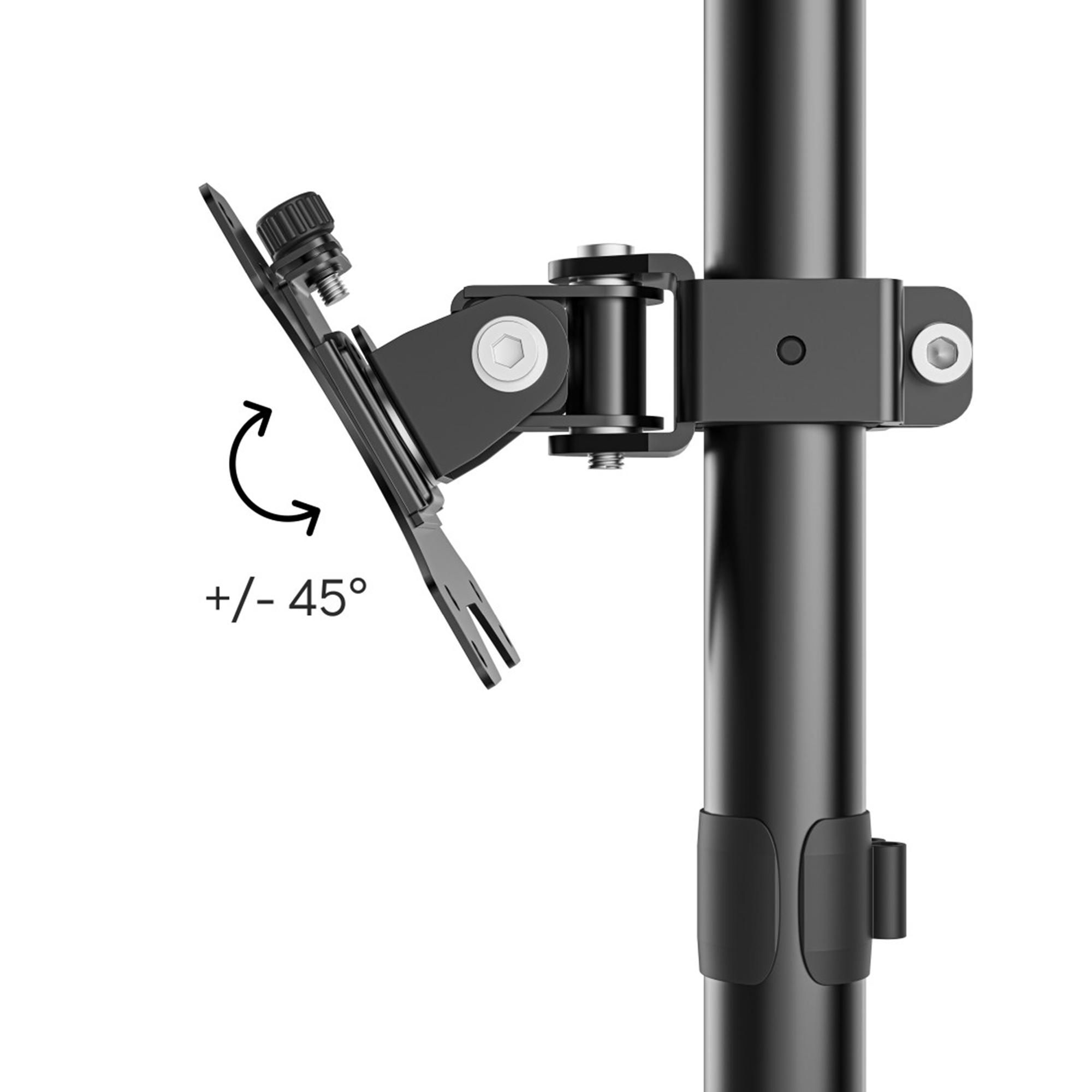 Schwarzer Monitorarm-Adapter mit +/- 45° Neigungsmarkierung.