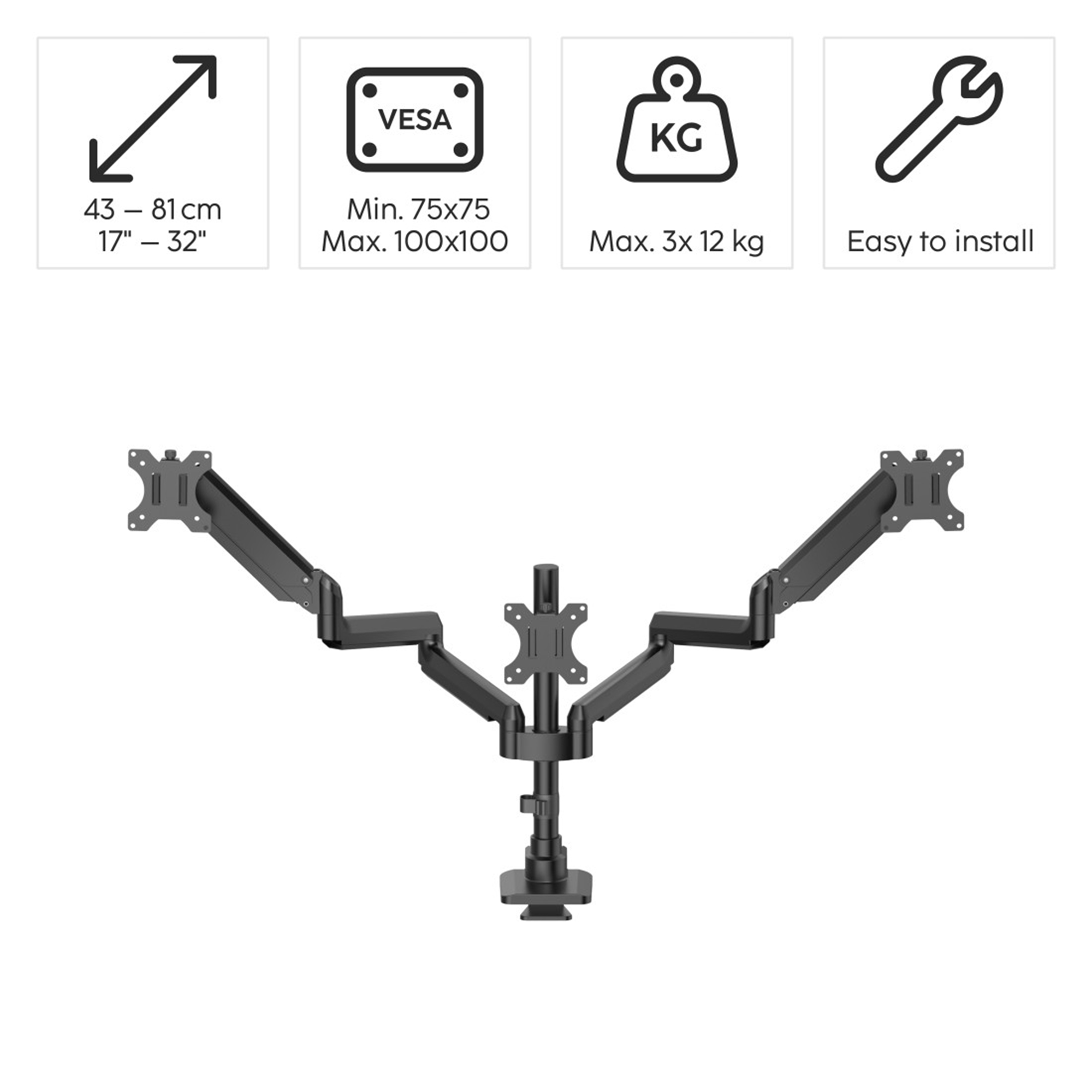 Schwarzer Monitorarm für 2 Bildschirme, verstellbar, VESA-kompatibel, 43-81cm.