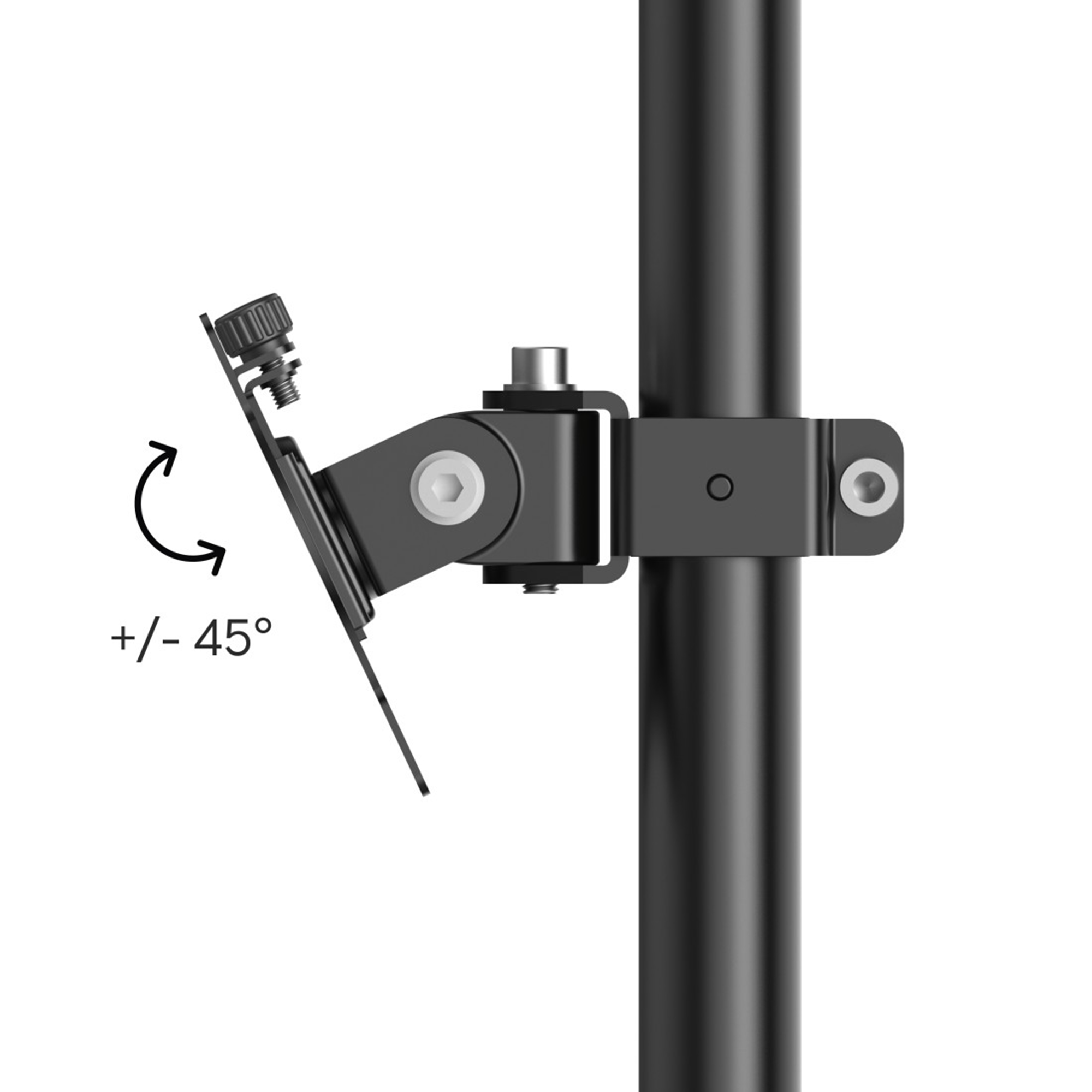 Schwarzer Monitorarm-Adapter mit +/- 45° Winkelverstellung an einem schwarzen Mast.