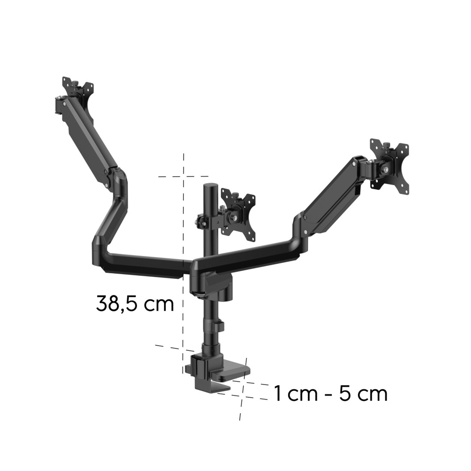 Schwarzer Monitorarm mit zwei Halterungen, Maße 38,5 cm und 1-5 cm.