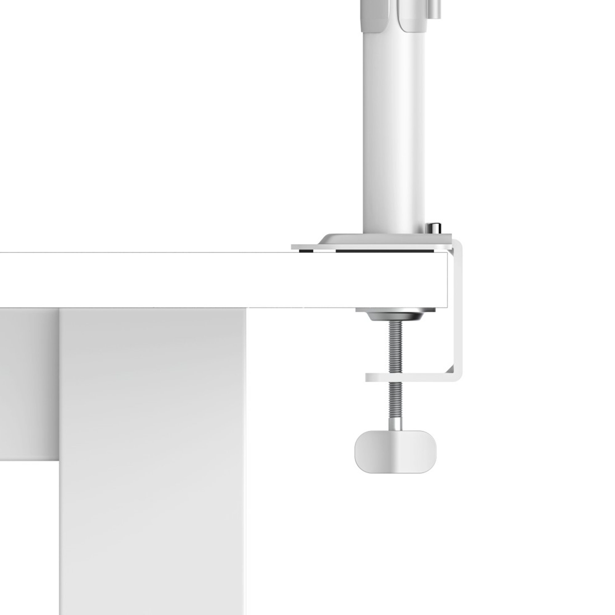 Ein weißer Tischklemmen-Monitorarmhalter mit Schraube und Griff.