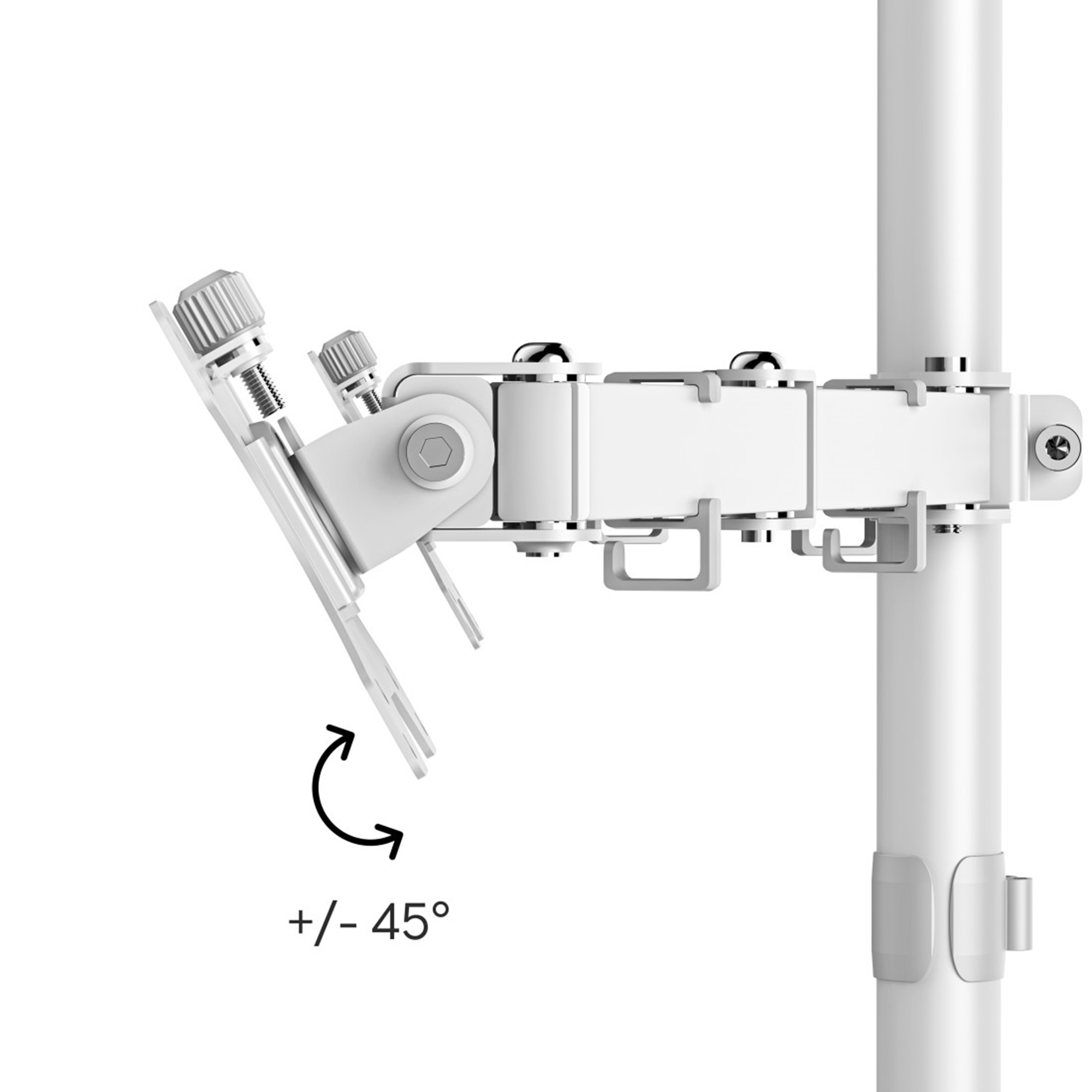 Ein weißer Monitorarm mit Gelenken, der an einer Stange befestigt ist. Beschriftung: +/- 45°.