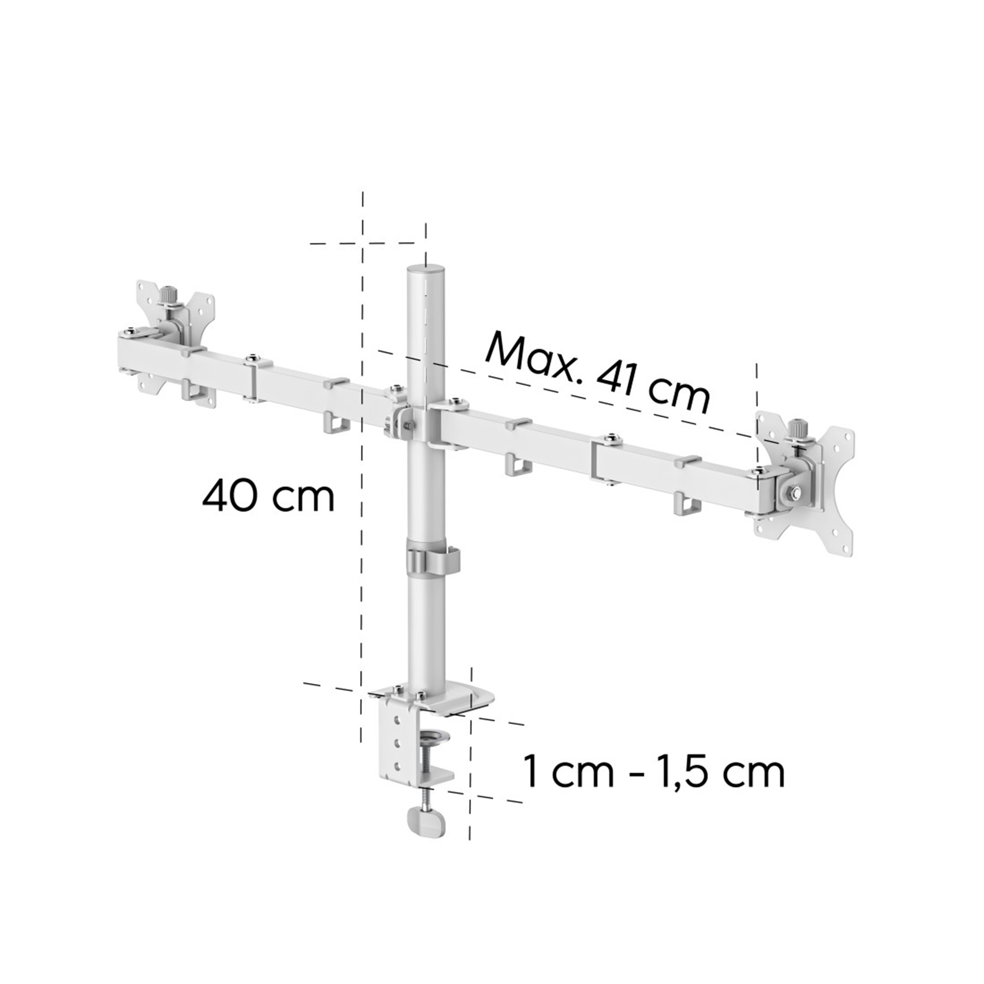 Silberner Monitorarm mit Klemme, 40 cm breit, 41 cm tief, Klemmbereich 1-1,5 cm.