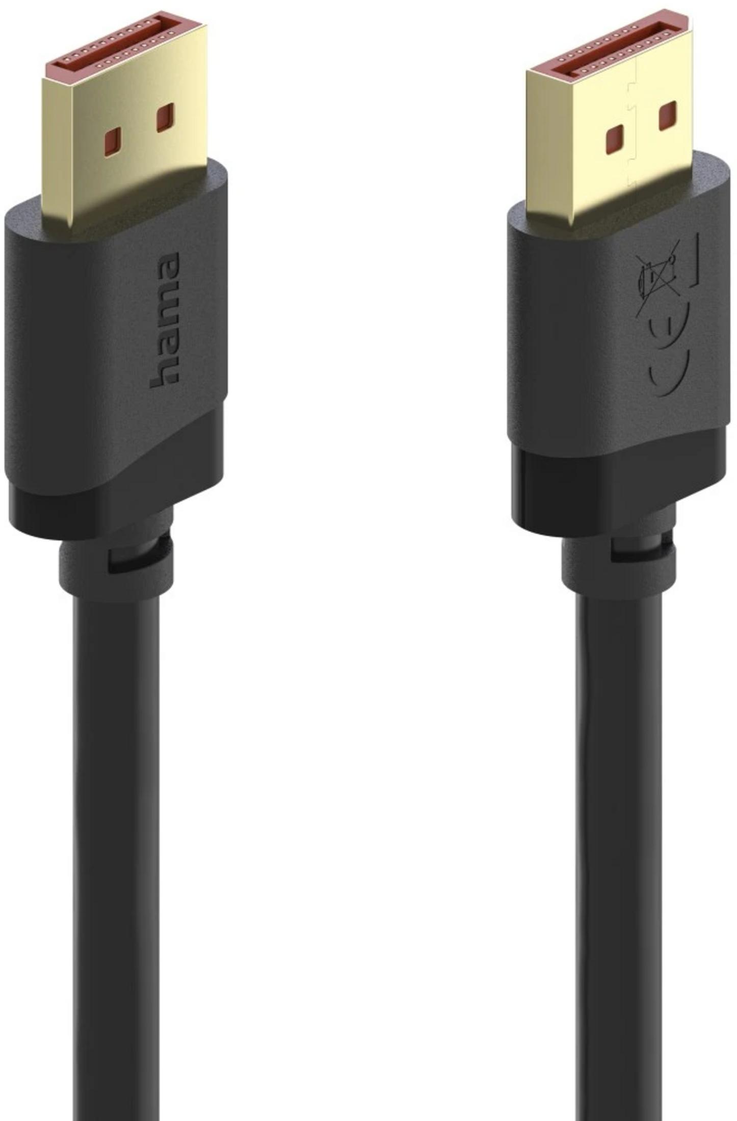 Dwa czarne kable DisplayPort ze złotymi złączami i logo Hama.