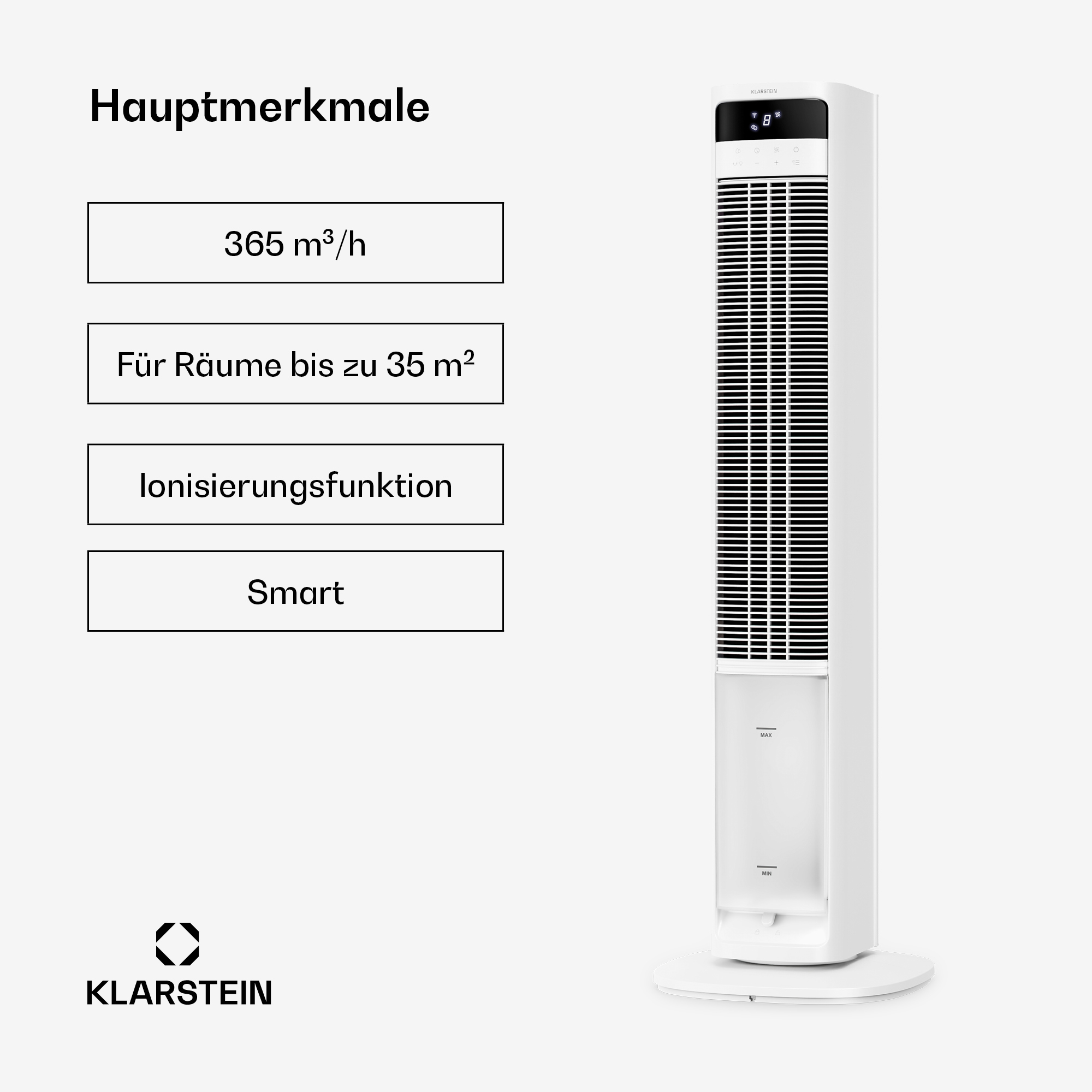 Ein weißer Turmventilator mit digitalen Anzeigen und Produktmerkmalen.
