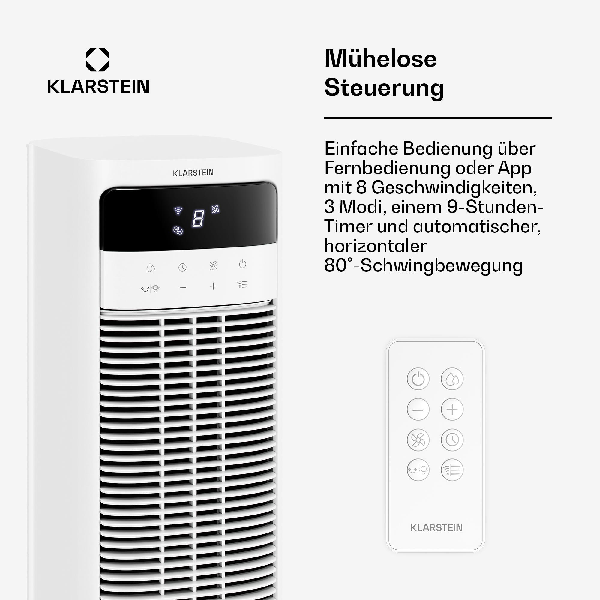 Ein weißer Turmventilator mit Fernbedienung und Klarstein-Logo.