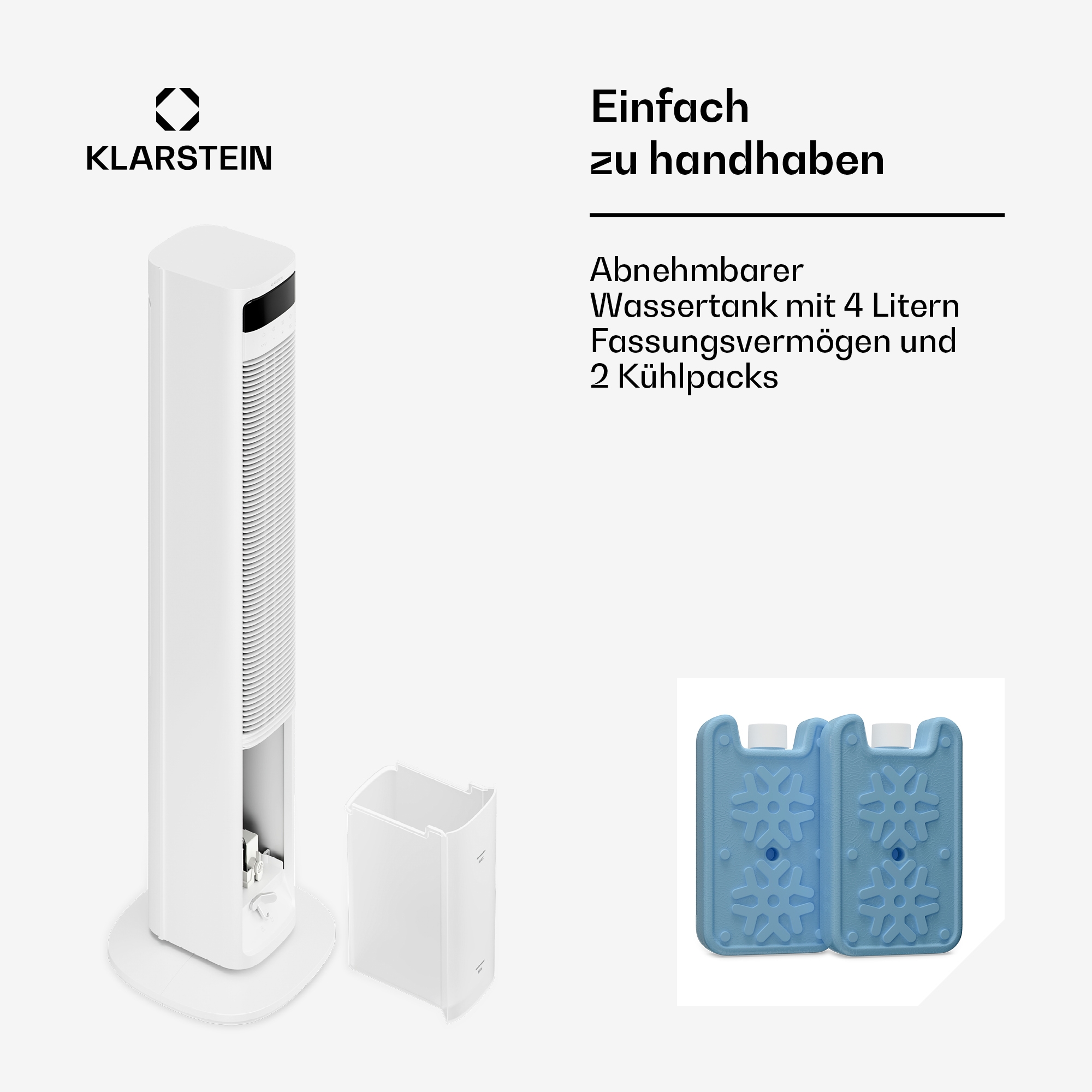 Ein weißer Turmventilator mit herausnehmbarem Wassertank und zwei blauen Kühlakkus.
