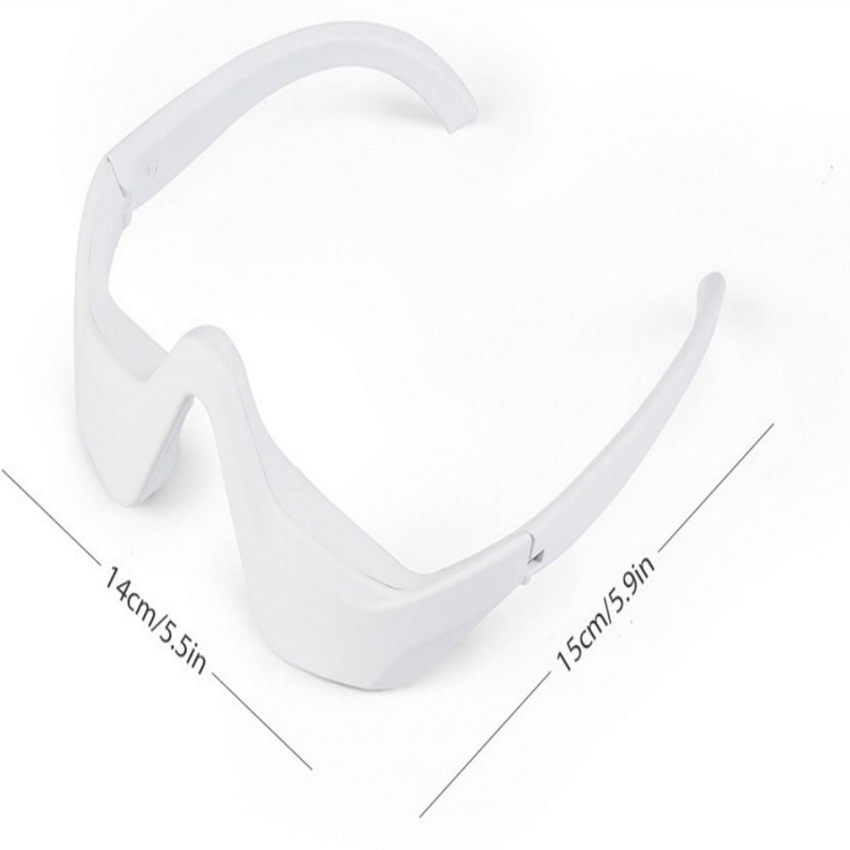 Eine weiße Schutzbrille mit Messungen: 14 cm und 15 cm.