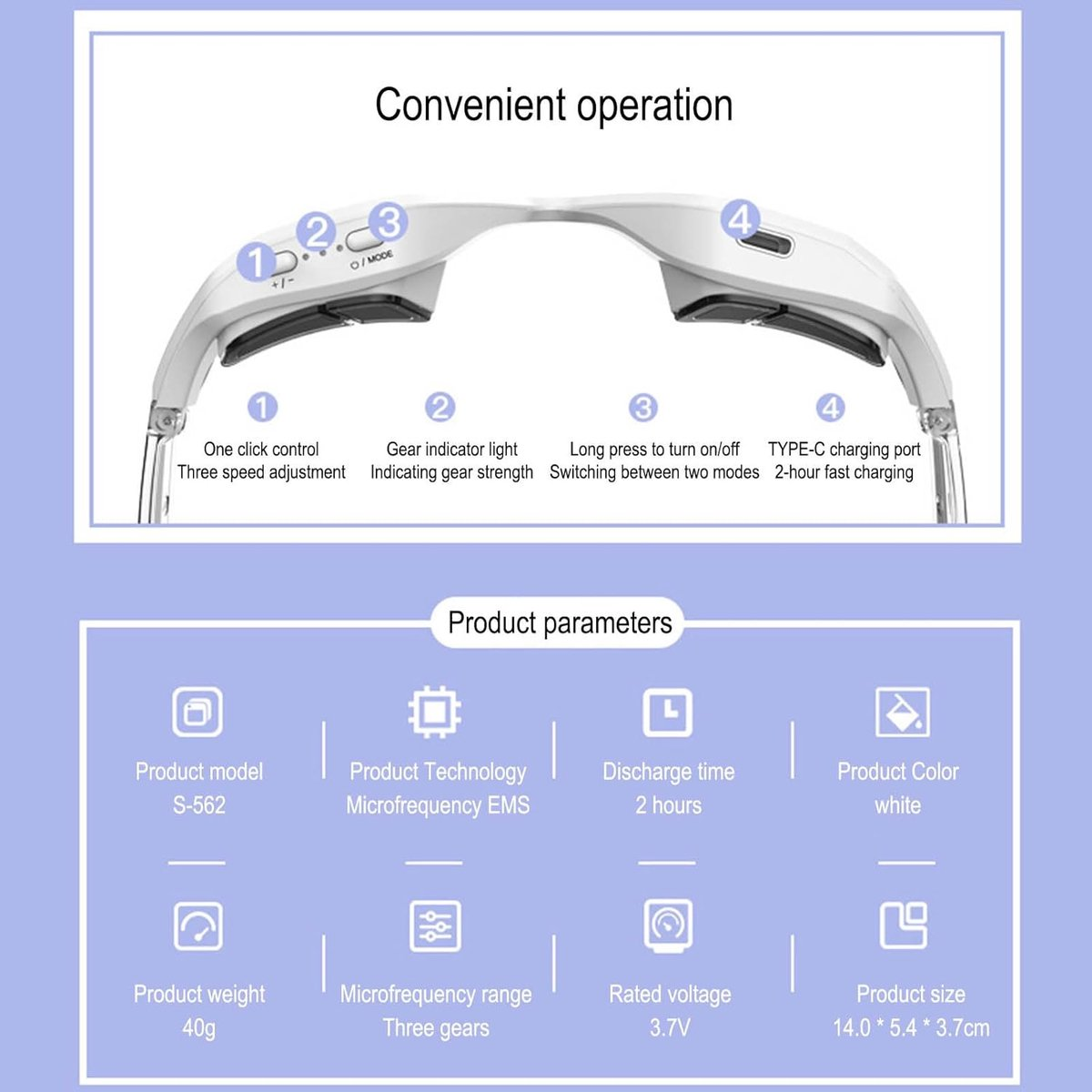 Weiße Brille mit Bedienelementen und Produktparametern wie Modell, Technologie, Ladezeit.
