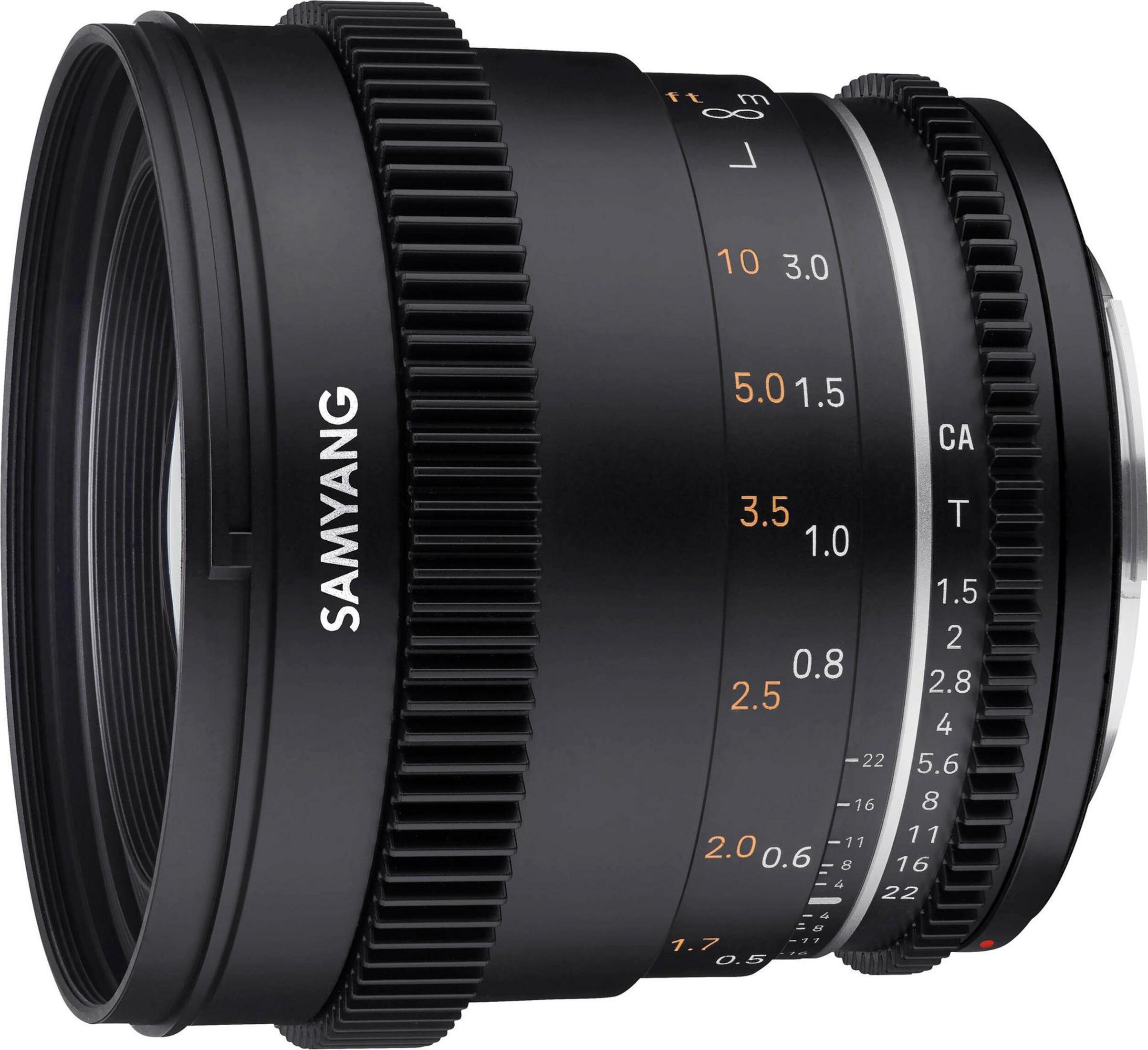 A black Samyang lens with focus and aperture rings and markings.