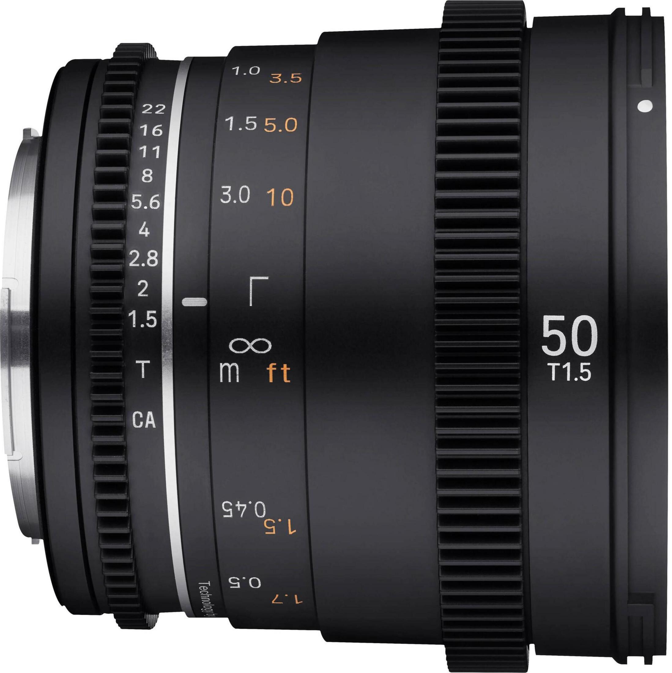 A black camera lens with aperture and focus scales, 50mm T1.5.