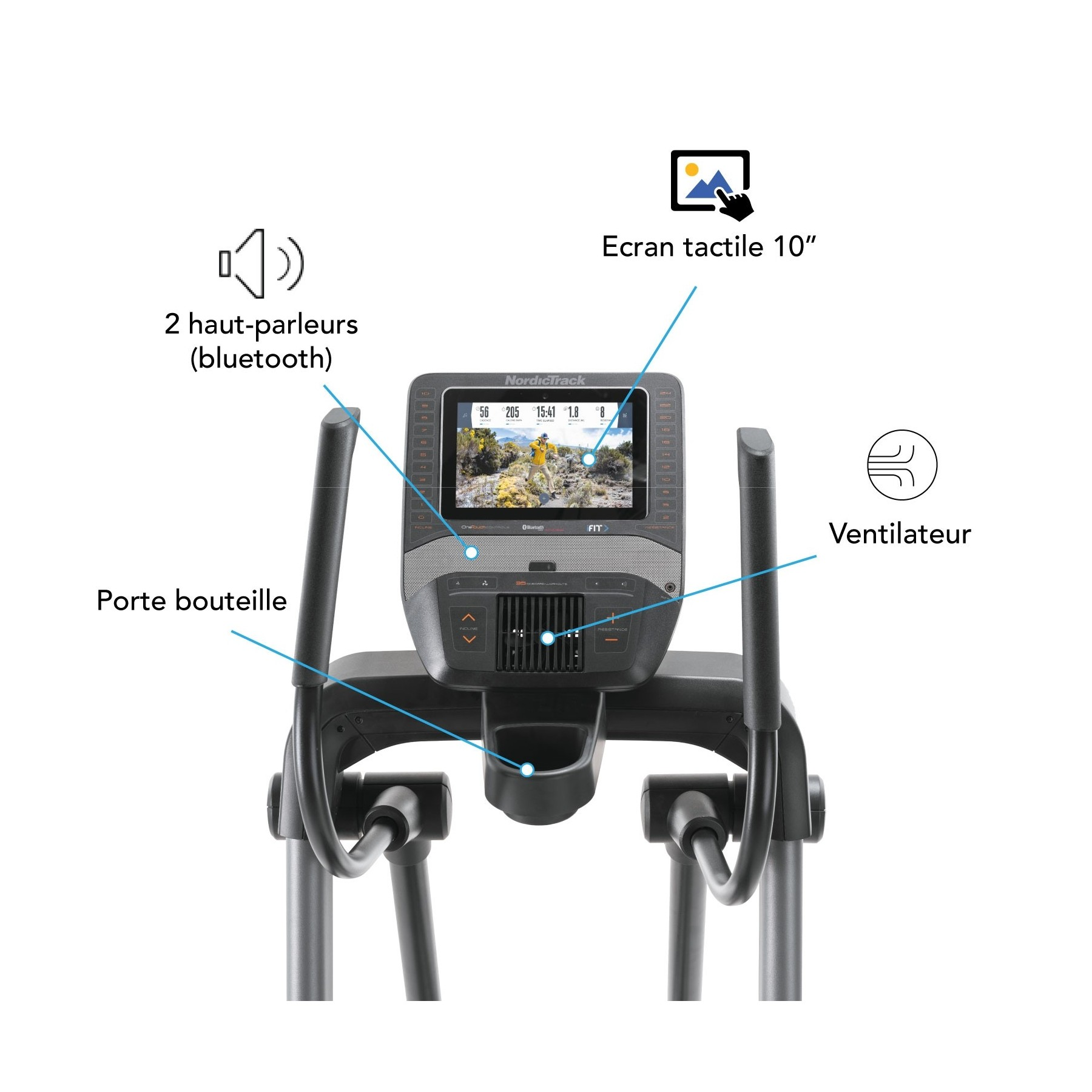 Ein NordicTrack Ellipsentrainer mit Touchscreen, Lautsprechern, Flaschenhalter und Lüfter.