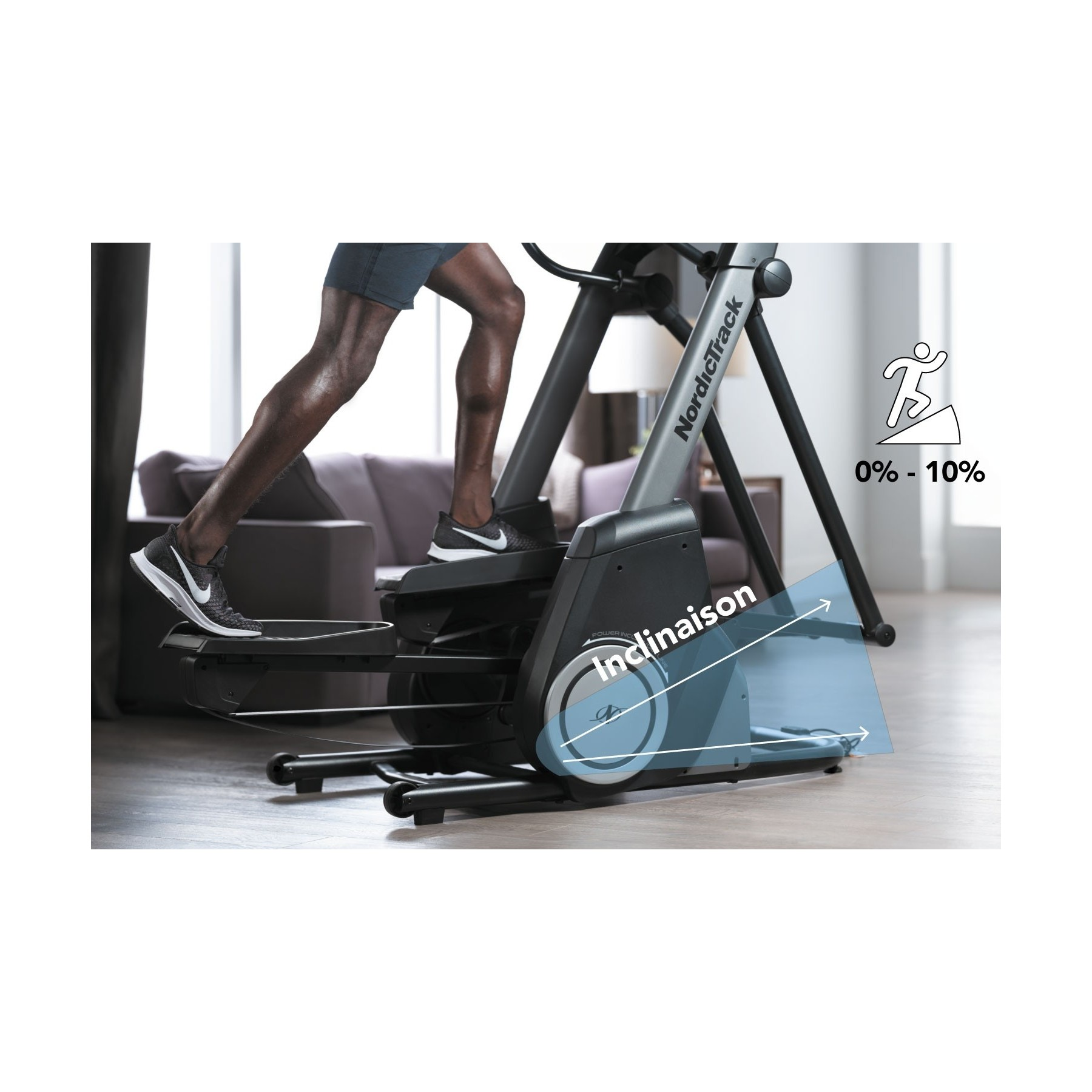Ein Mann benutzt einen NordicTrack Ellipsentrainer mit einstellbarer Steigung von 0-10%.