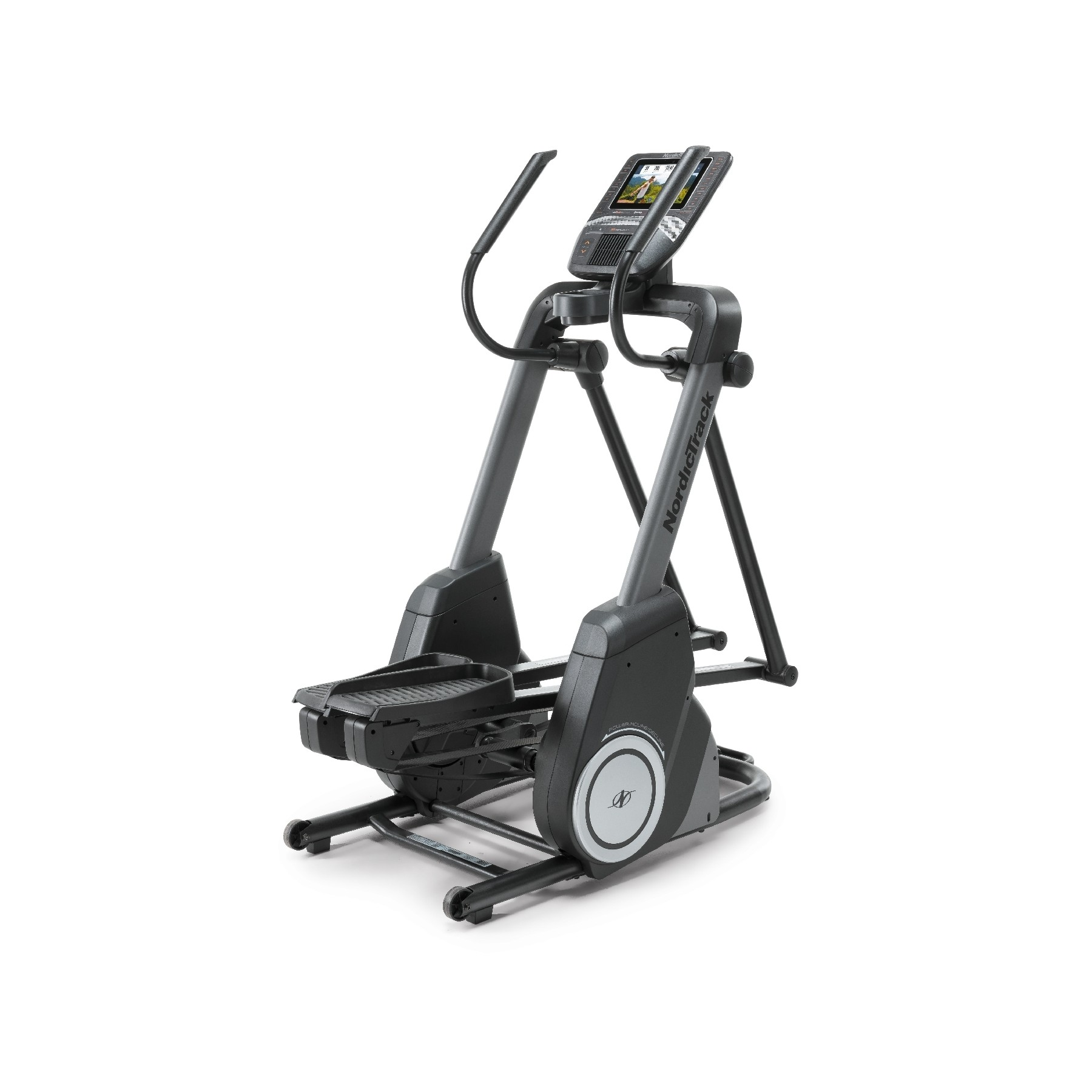 Ein graues NordicTrack Ellipsentrainer-Gerät mit Farbdisplay und Griffen.