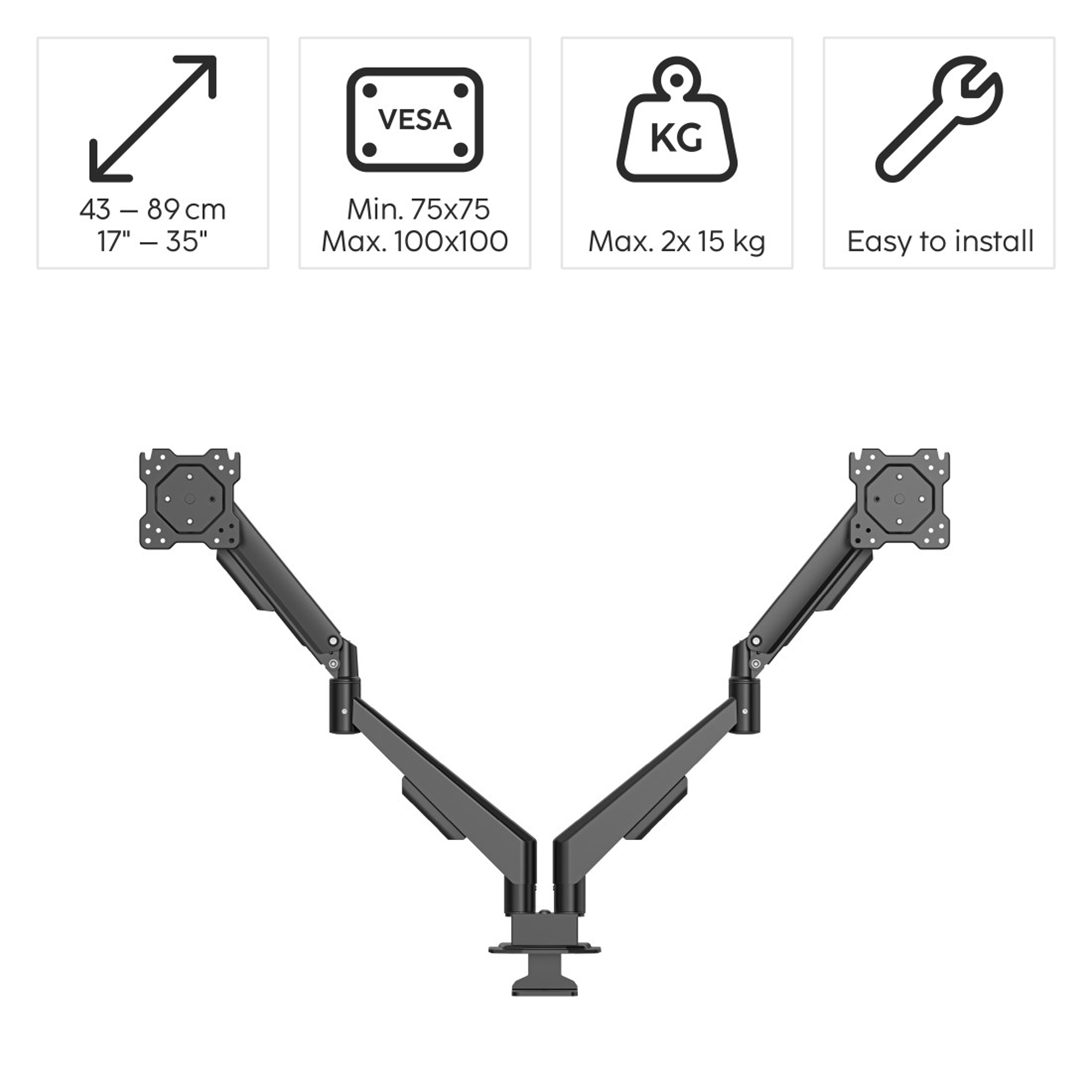 Doppelmonitorhalterung mit VESA-Halterung, belastbar bis 2x 15kg.