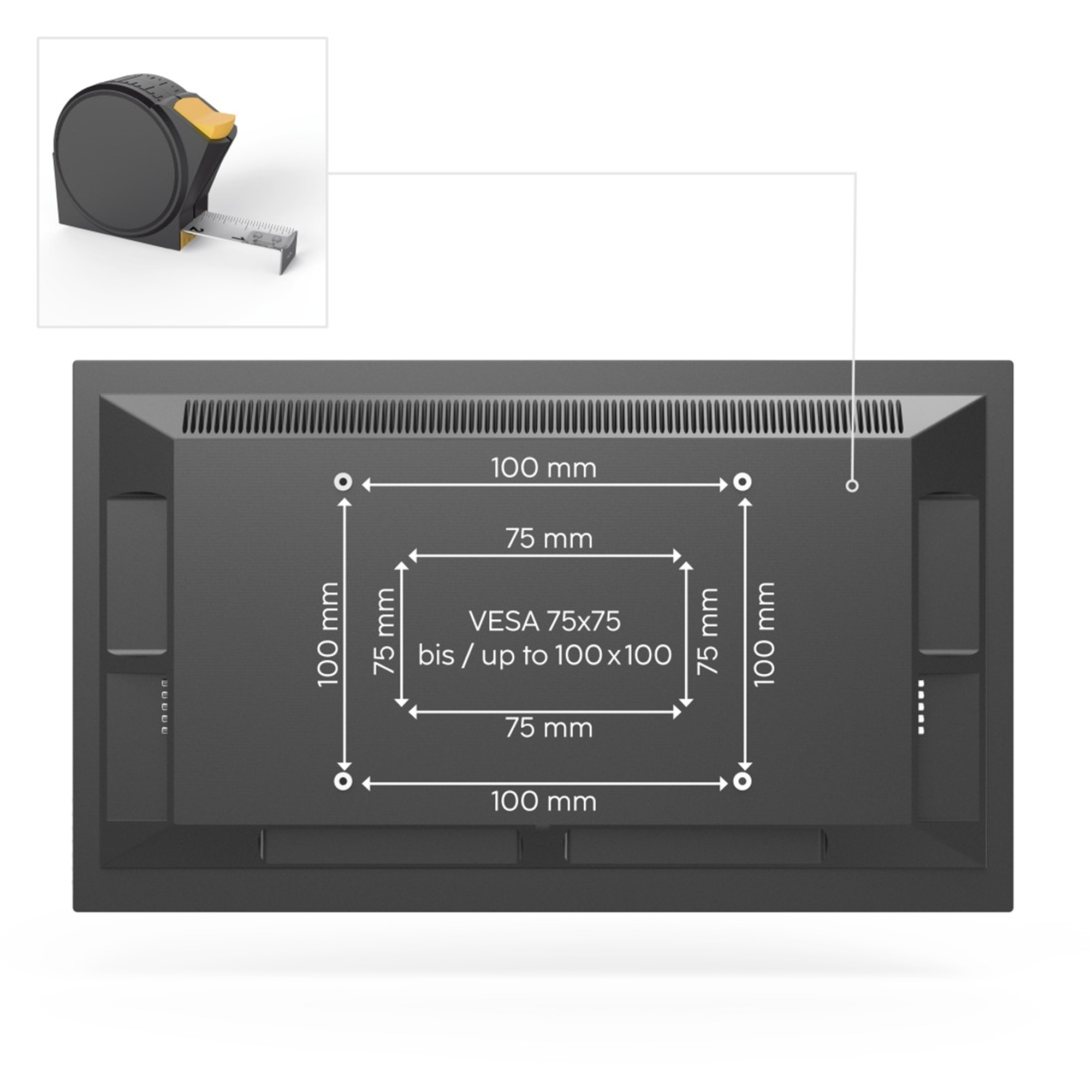 Rückseite eines Monitors mit VESA-Montagemaßen (75x75 bis 100x100).