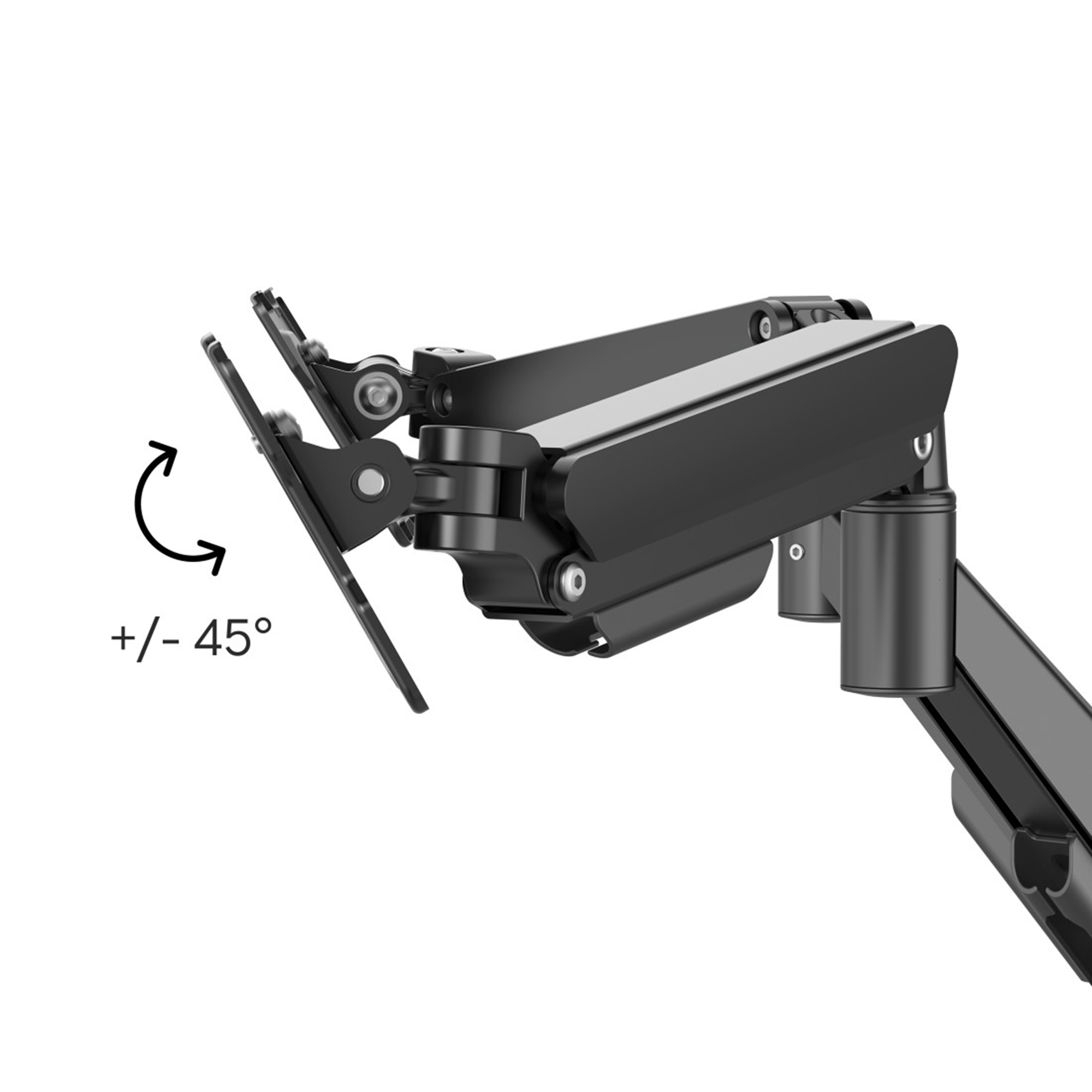 Schwarzer Monitorarm mit +/- 45 Grad Neigungsanzeige.