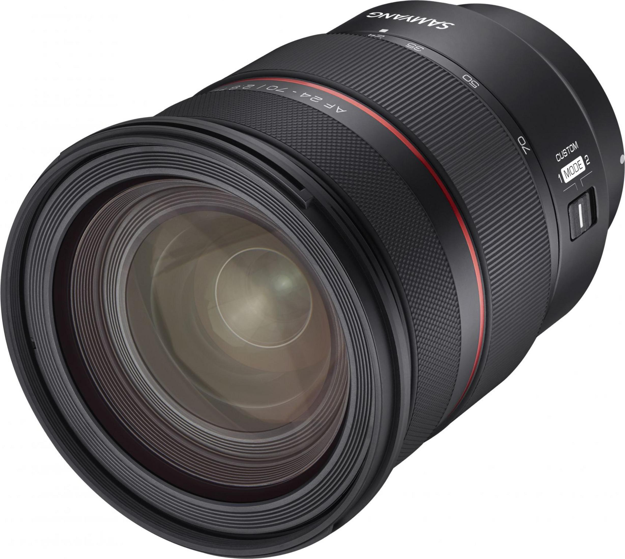 Schwarzes Kameraobjektiv mit rotem Ring und Beschriftungen wie AF 24-70mm.
