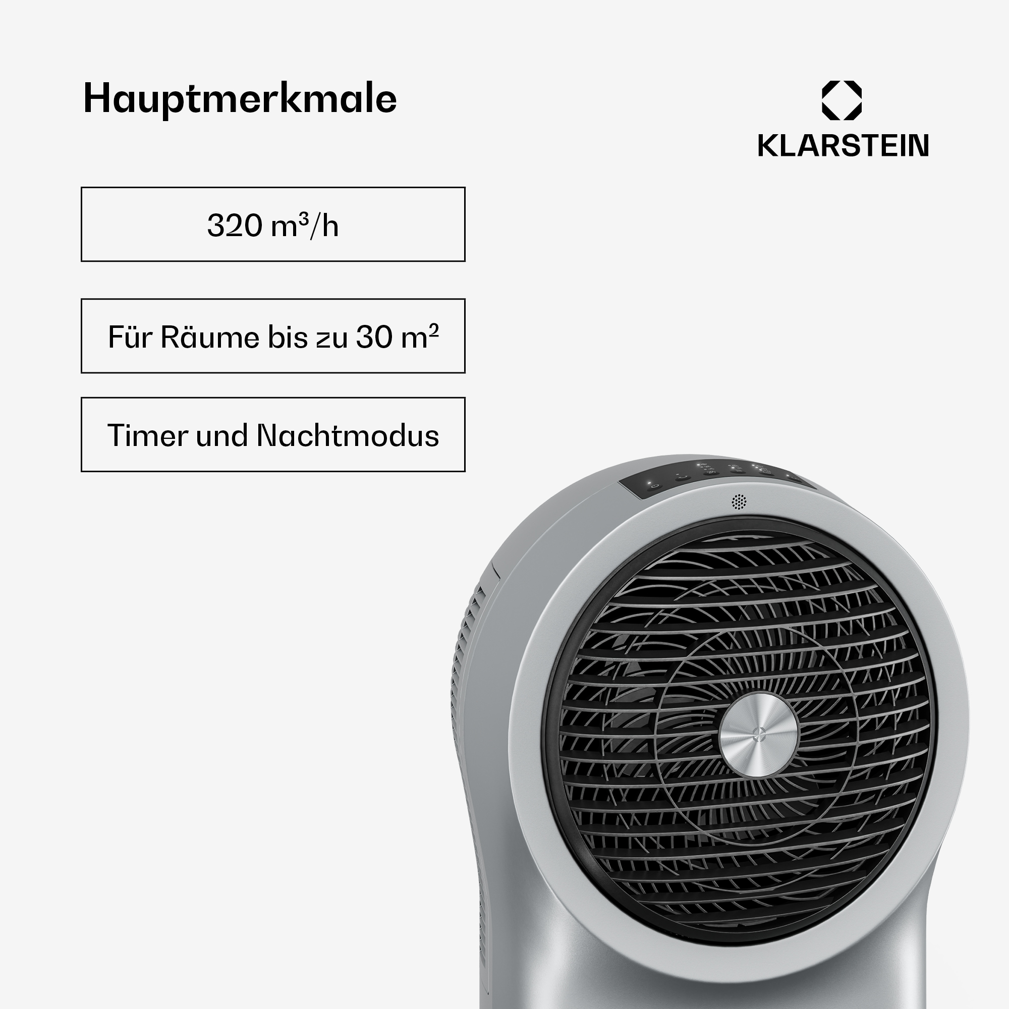 Ein silberner Ventilator mit Hauptmerkmalen: 320 m³/h, für Räume bis 30 m², Timer/Nachtmodus.