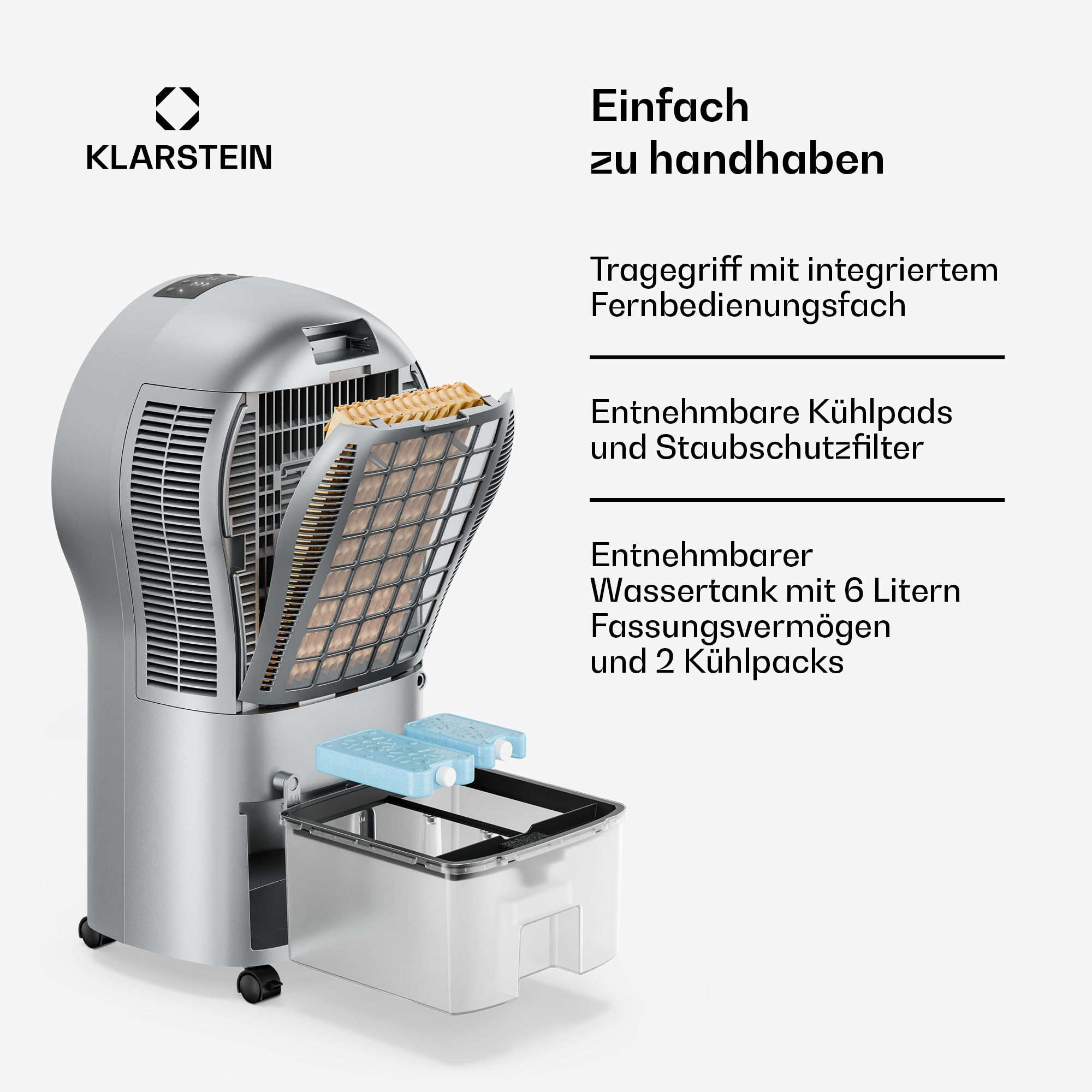 Ein silberner Klarstein Luftkühler mit Kühlakkus und Wassertank.