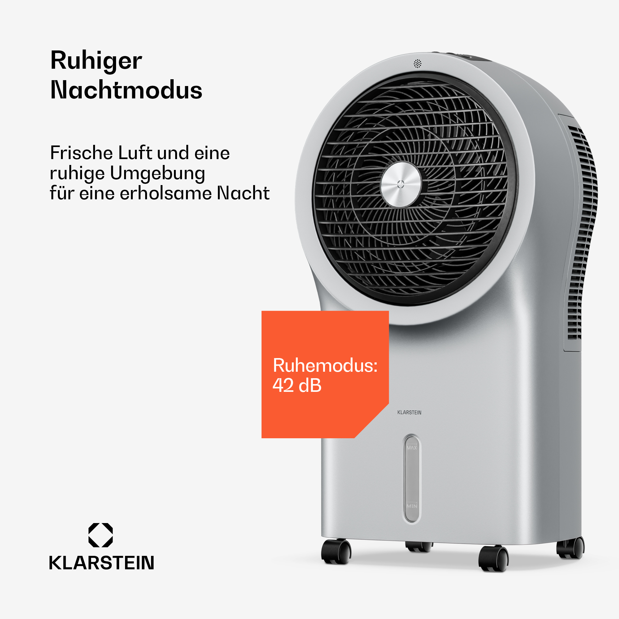 Ein silberner Luftkühler mit Lüfter und Wassertank im Ruhemodus, 42 dB.