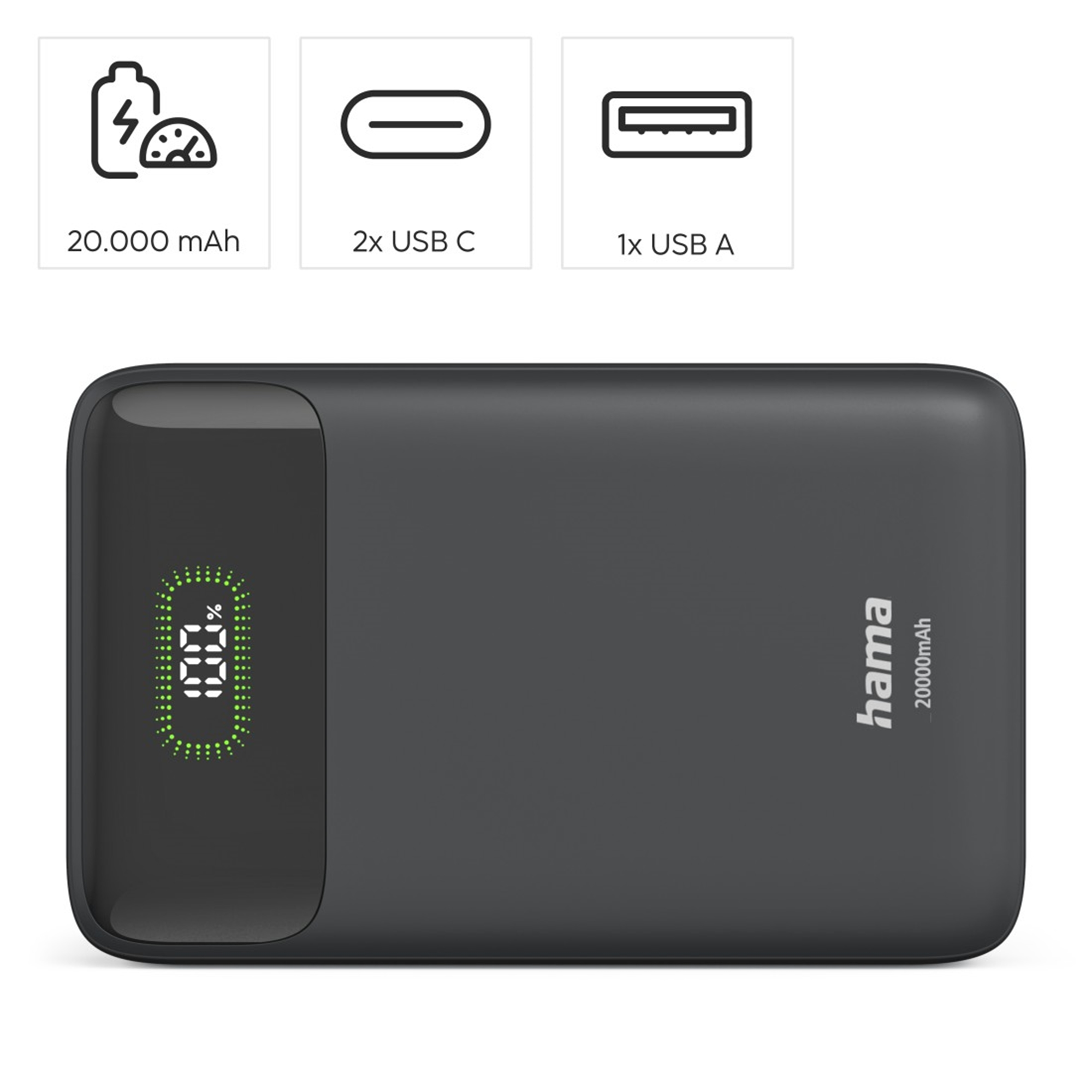 Un power bank Hama grigio scuro da 20.000 mAh, 2x USB-C, 1x USB-A.
