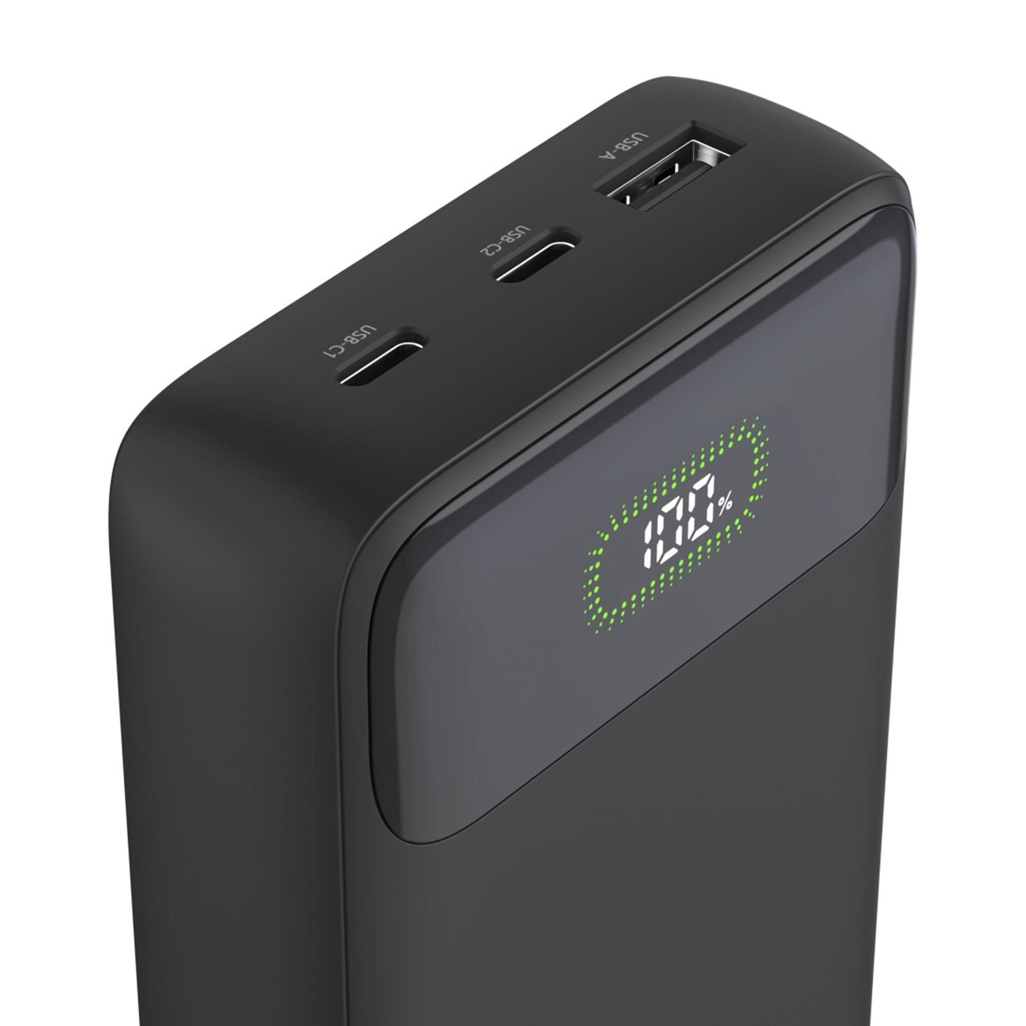 Power bank nero con USB-A, due porte USB-C e indicatore di carica 100%.