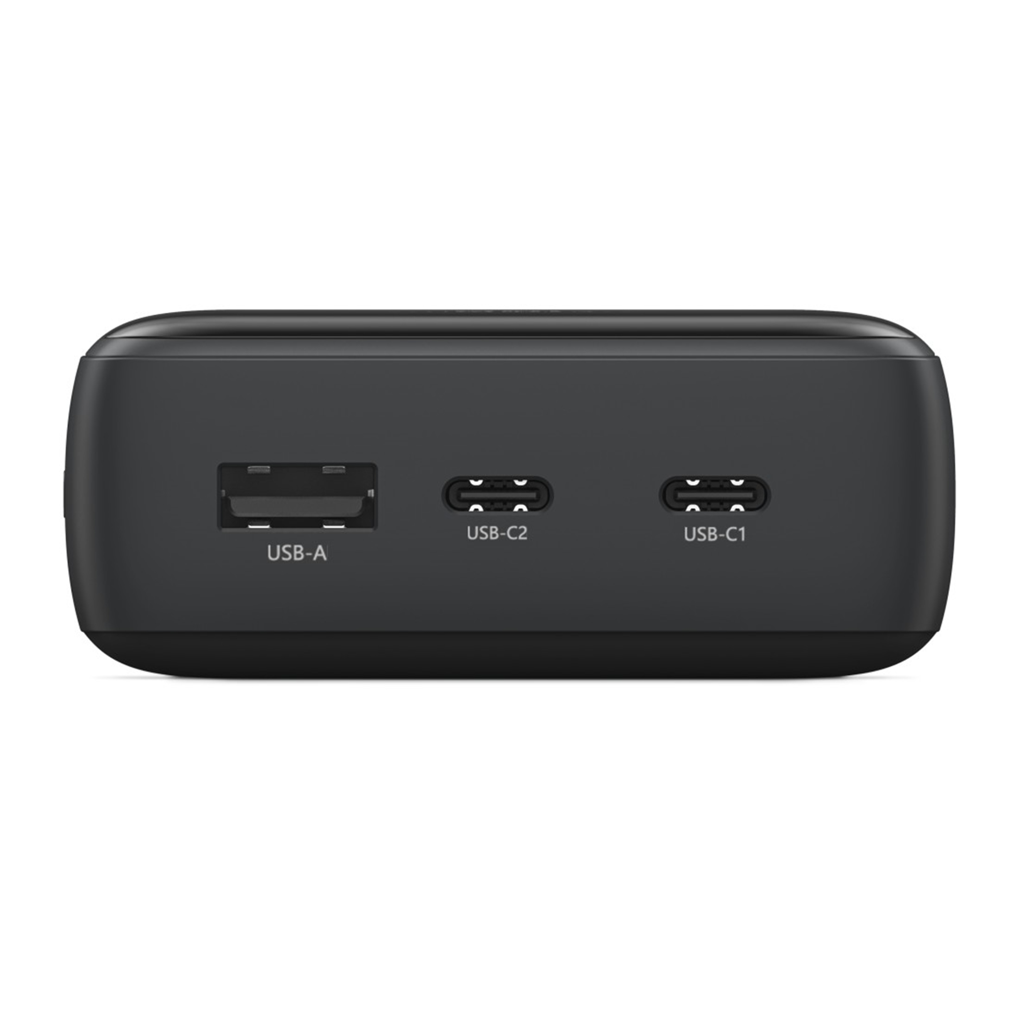 Power bank nero con una porta USB-A, una USB-C2 e una USB-C1.
