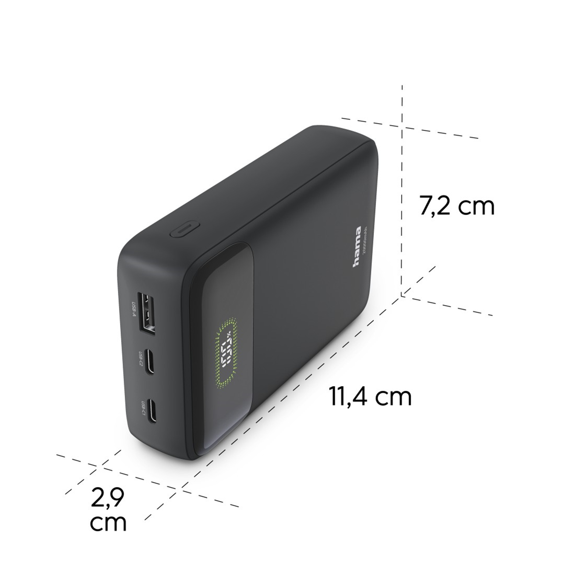 Power bank Hama nero, 11,4cm x 7,2cm x 2,9cm, con porte USB-A, USB-C e display digitale.