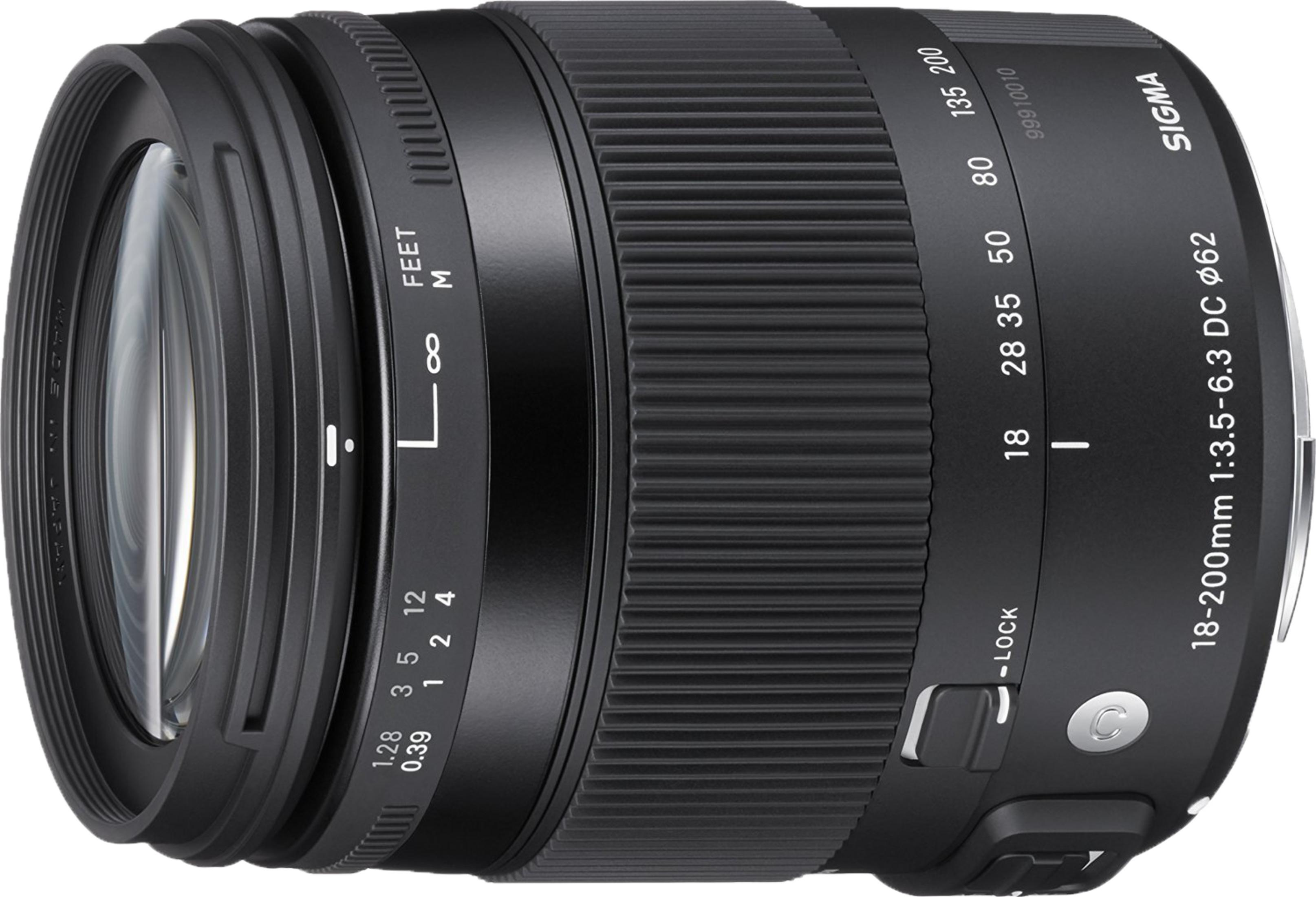 Ein schwarzes Sigma 18-200mm Objektiv mit Zoom- und Fokusringen.