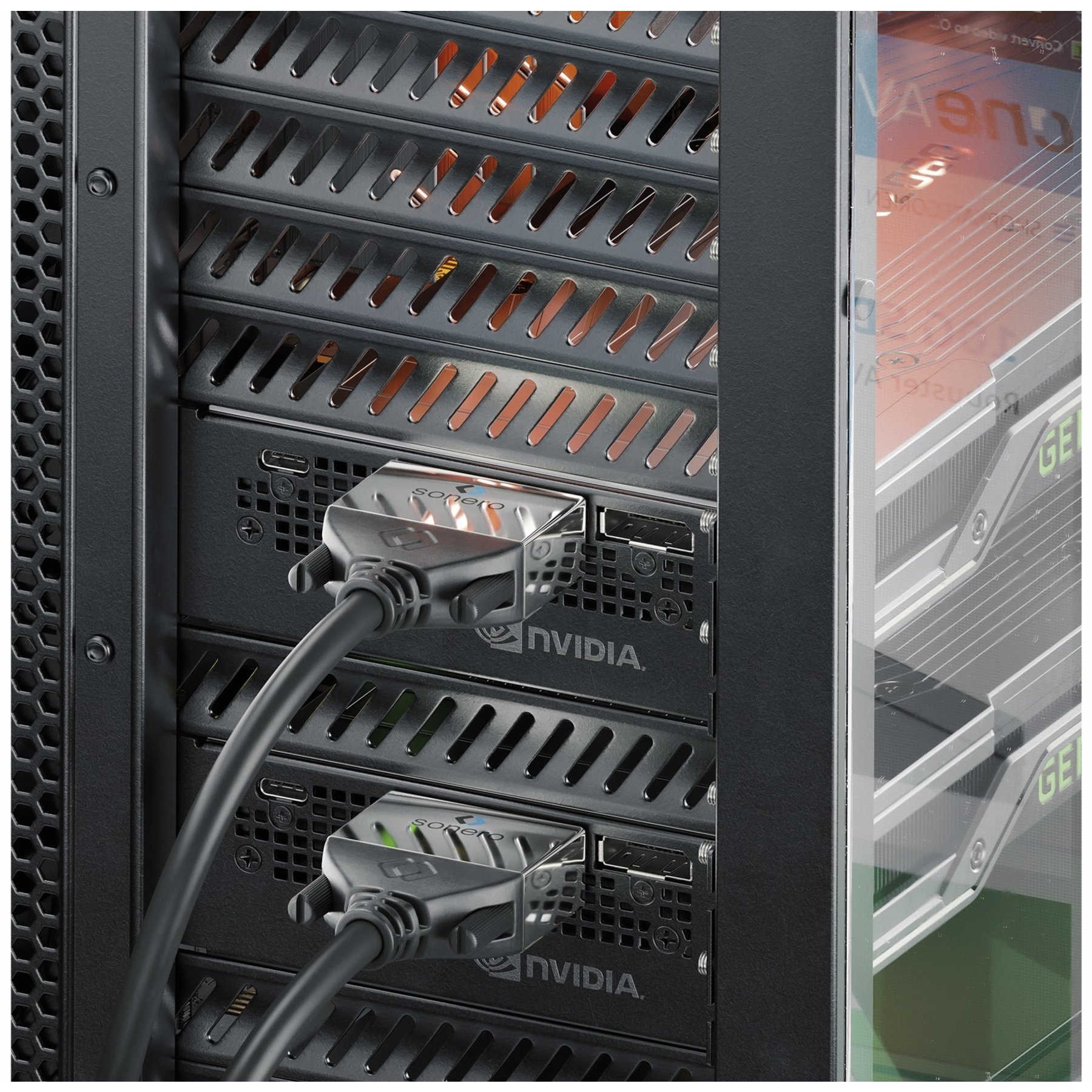 Näheansicht: Kabel an NVIDIA-Grafikkarten in einem Computergehäuse.