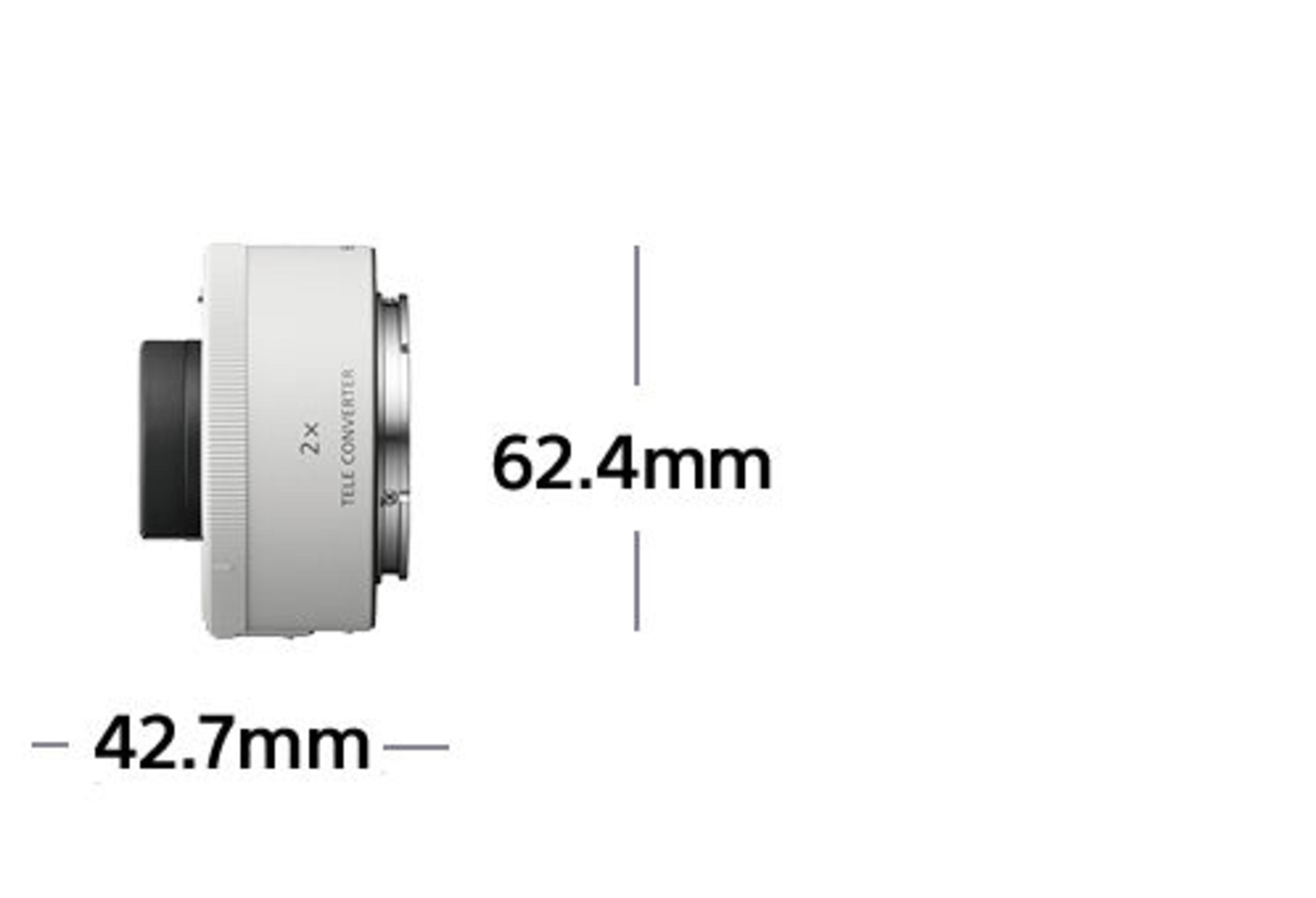 Ein weißer Telekonverter mit 2x Vergrößerung, 42,7 mm und 62,4 mm Maßen.