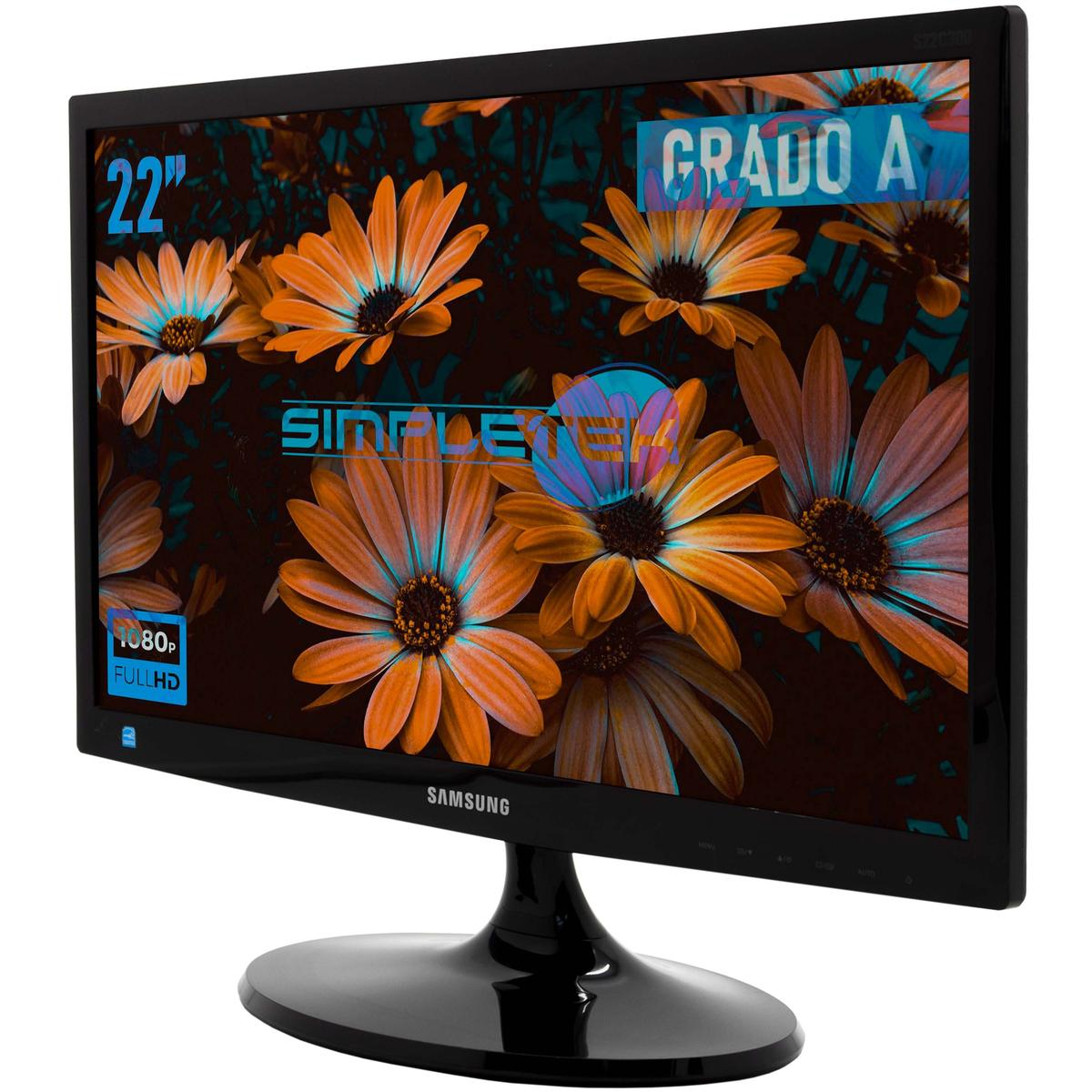 Un monitor Samsung da 22 pollici Full HD mostra fiori arancioni.