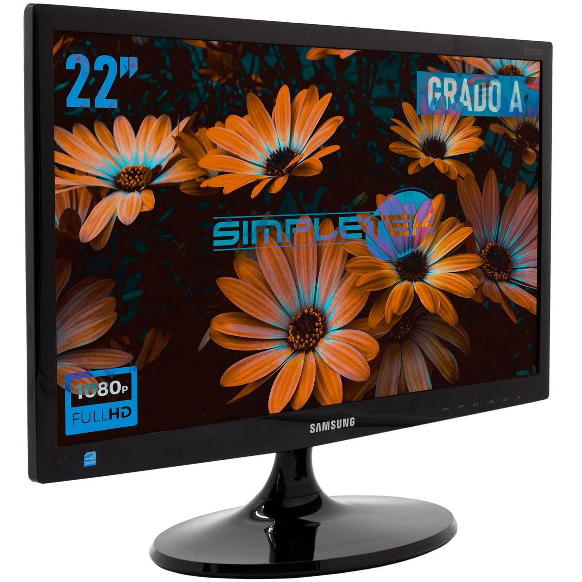 Un monitor Samsung da 22 pollici con uno sfondo di margherite e fiori arancioni.