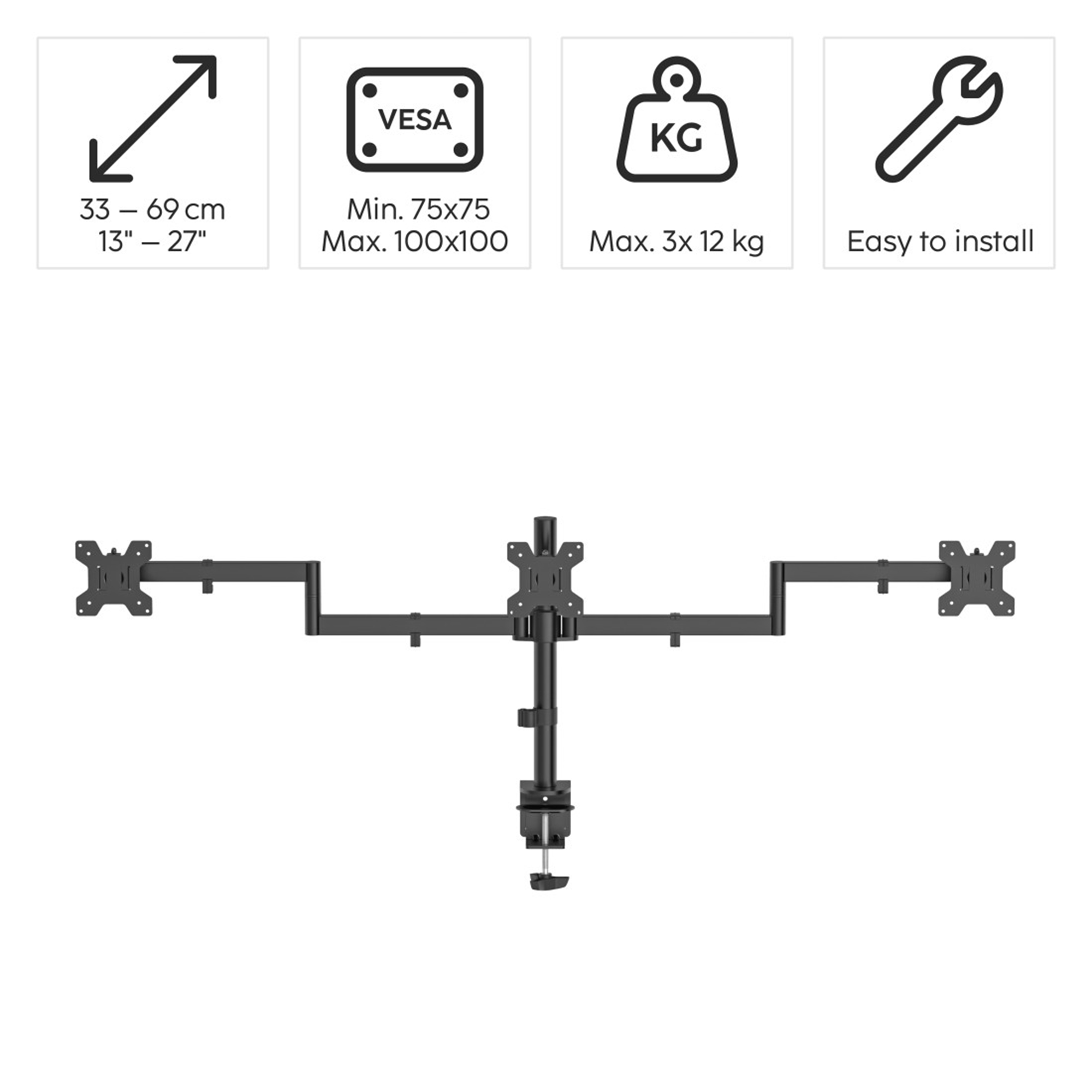 Ein schwarzer Monitorarm für 3 Bildschirme, passend für 13-27 Zoll Bildschirme.