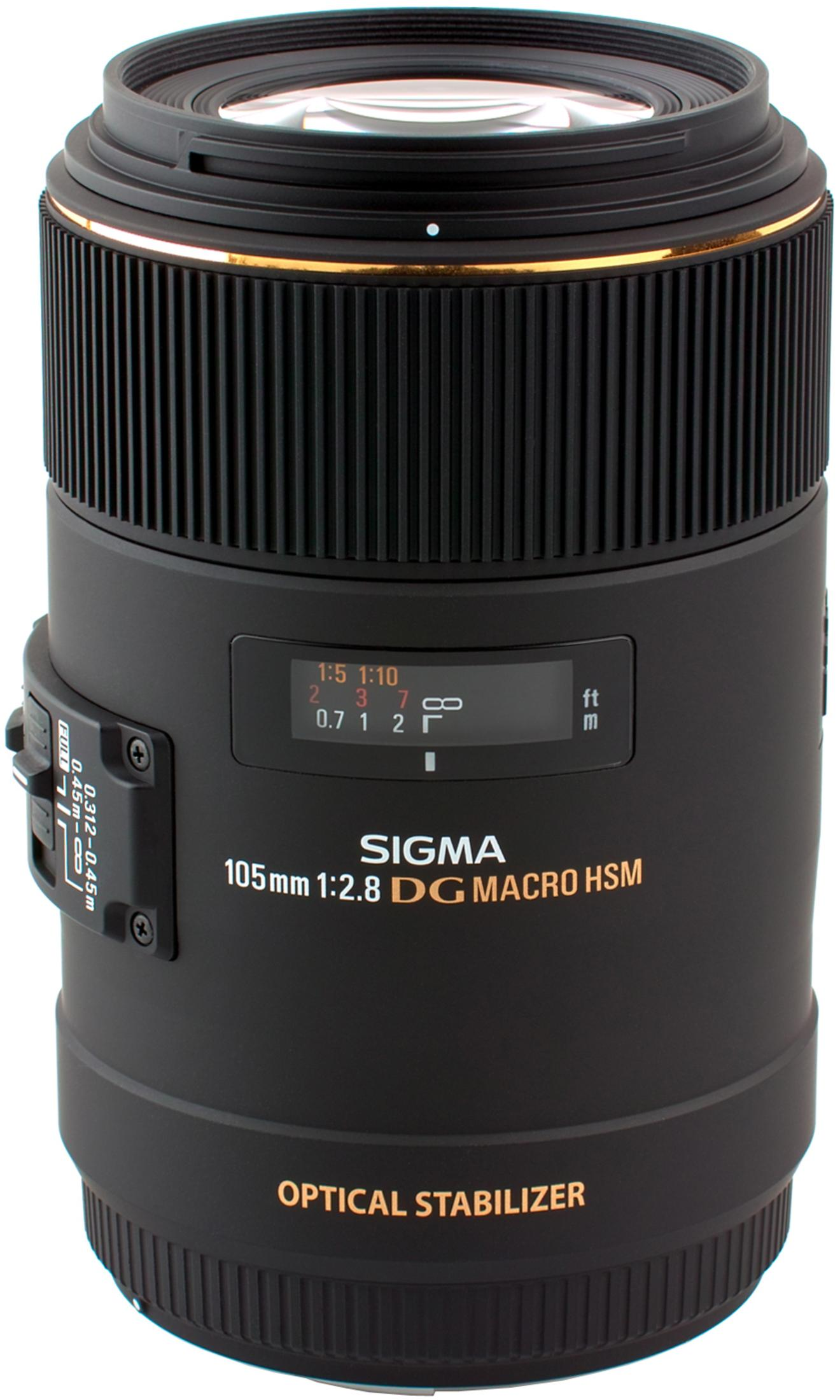 Obiettivo Sigma 105mm 1:2.8 DG Macro HSM nero con stabilizzatore ottico e marcature di distanza.
