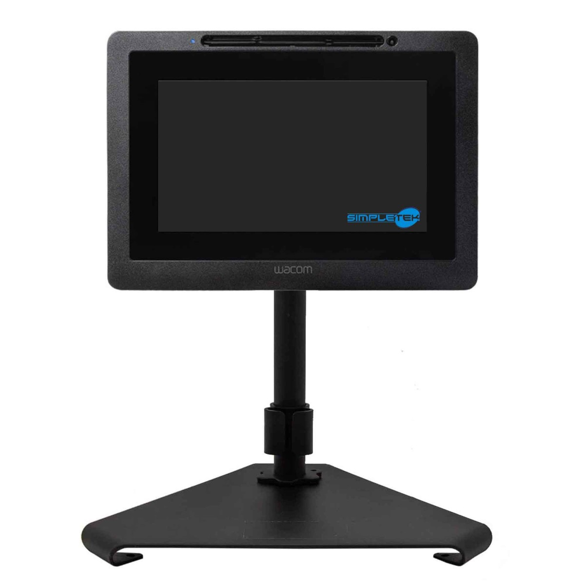 Un monitor Wacom nero su un supporto nero con base triangolare.