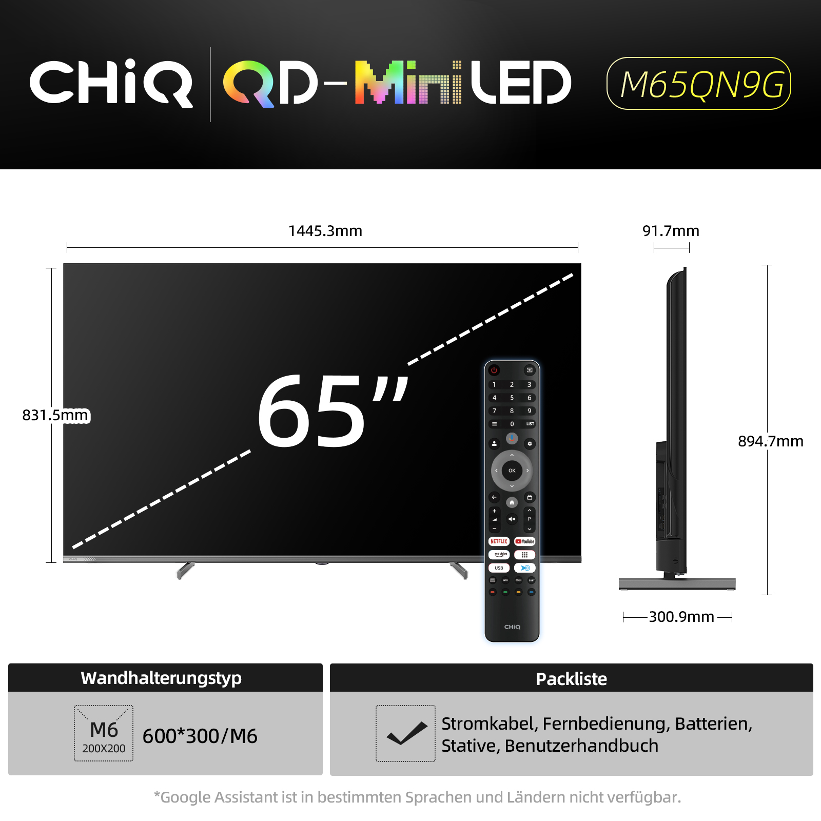 Telewizor CHIQ QD-Mini LED 65 cali z pilotem i wymiarami.