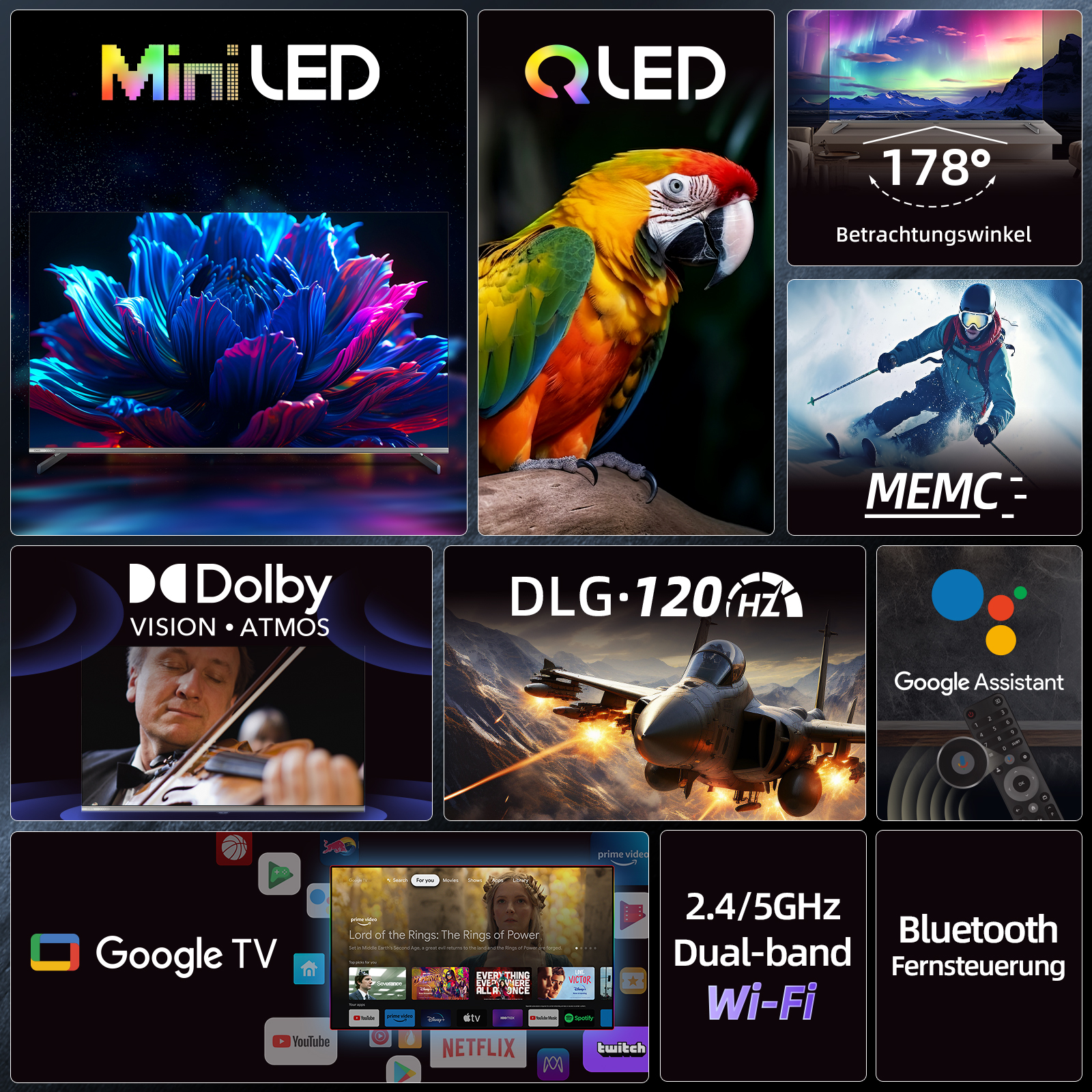Ekran z technologią Mini LED, papuga, narciarz, skrzypek, myśliwiec i Google TV.