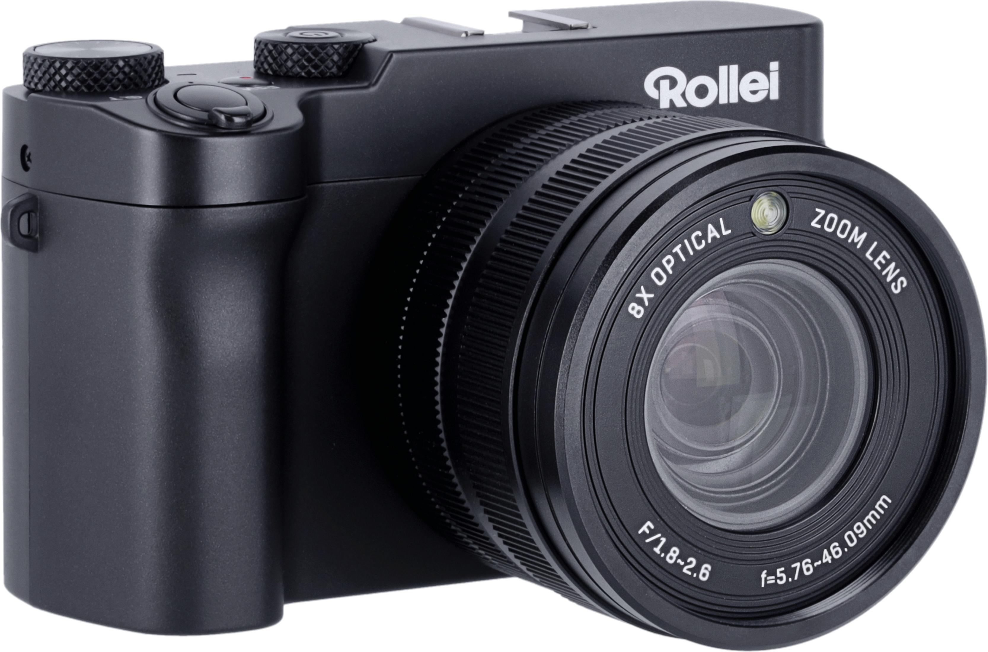 Eine schwarze Rollei Zoomobjektivkamera mit detaillierten texturierten Rändeln und Objektivmarkierungen.