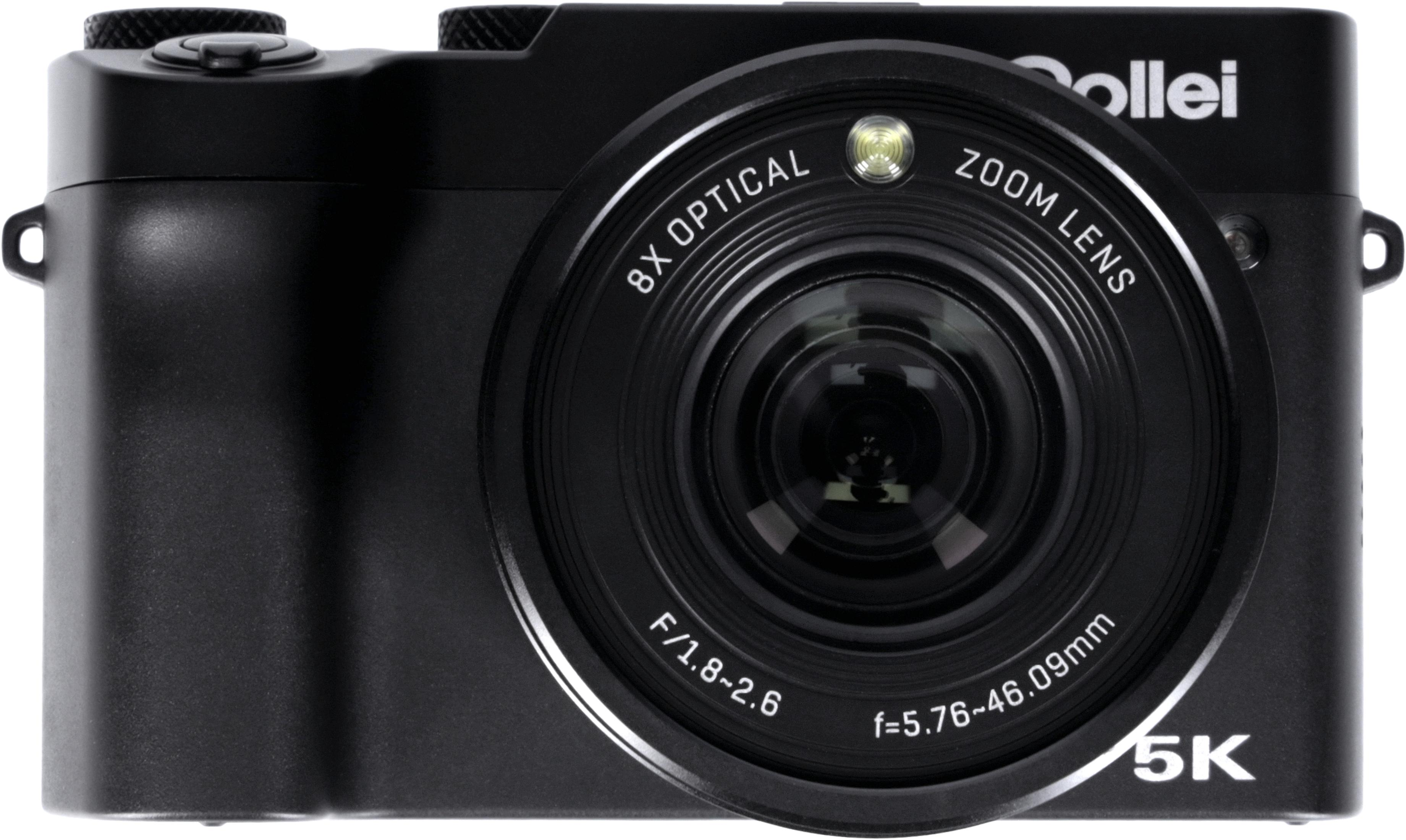 Schwarze Digitalkamera mit 8x optischem Zoomobjektiv und Rollei-Logo.