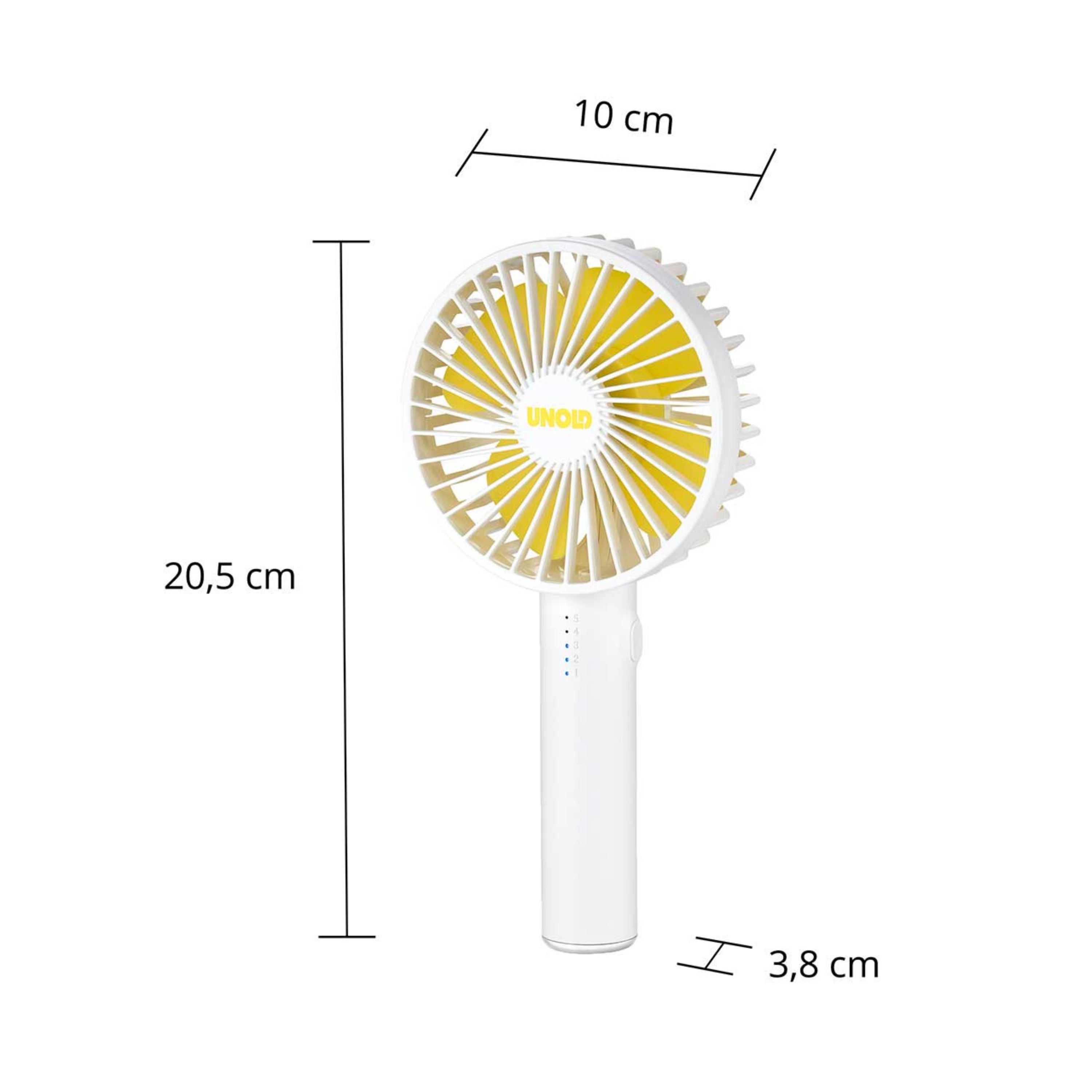 Ein weißer Handventilator mit gelben Rotorblättern und Maßangaben.