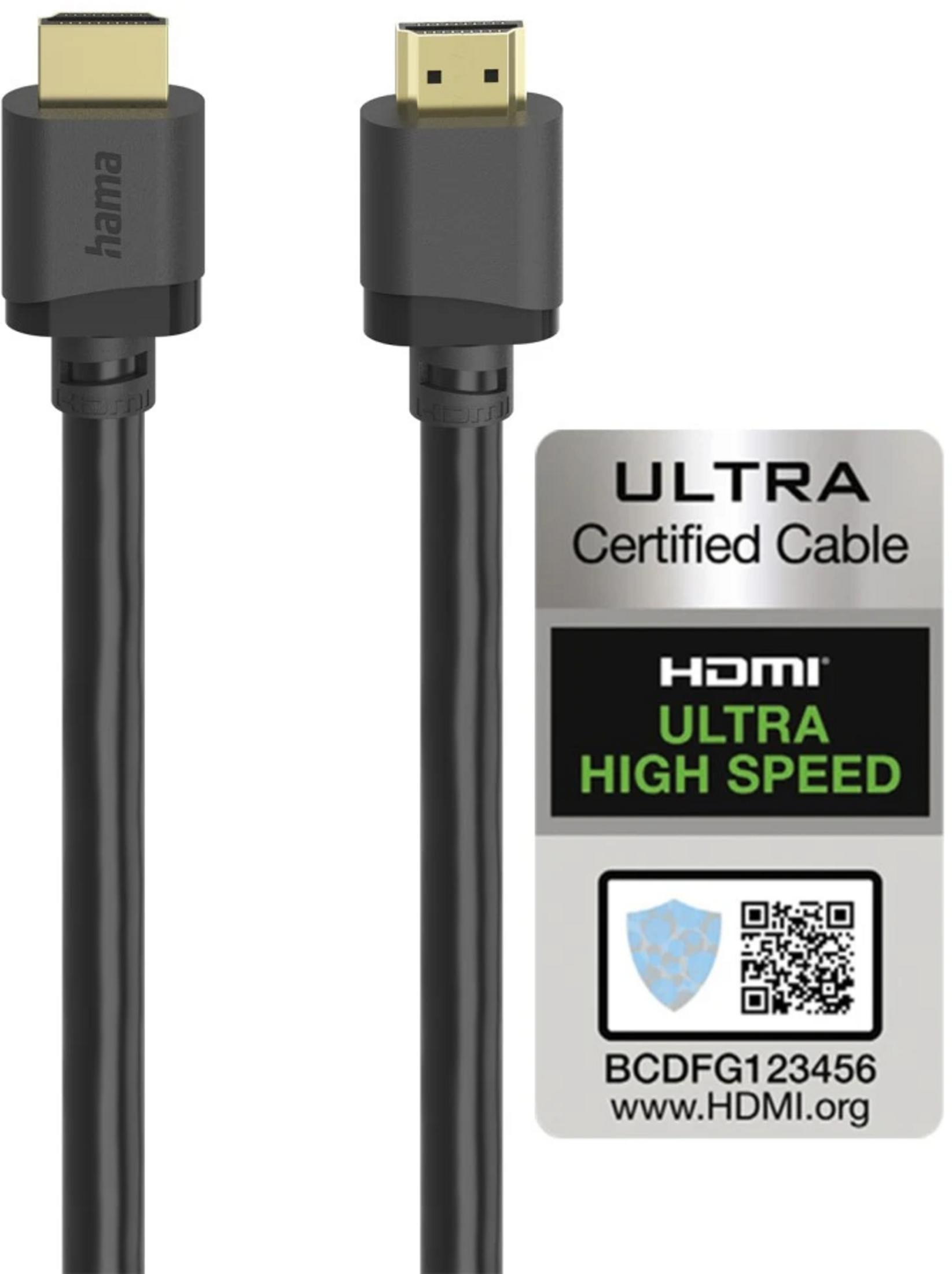 Zwei schwarze HDMI-Kabel mit goldenen Anschlüssen und Zertifizierungsaufkleber.