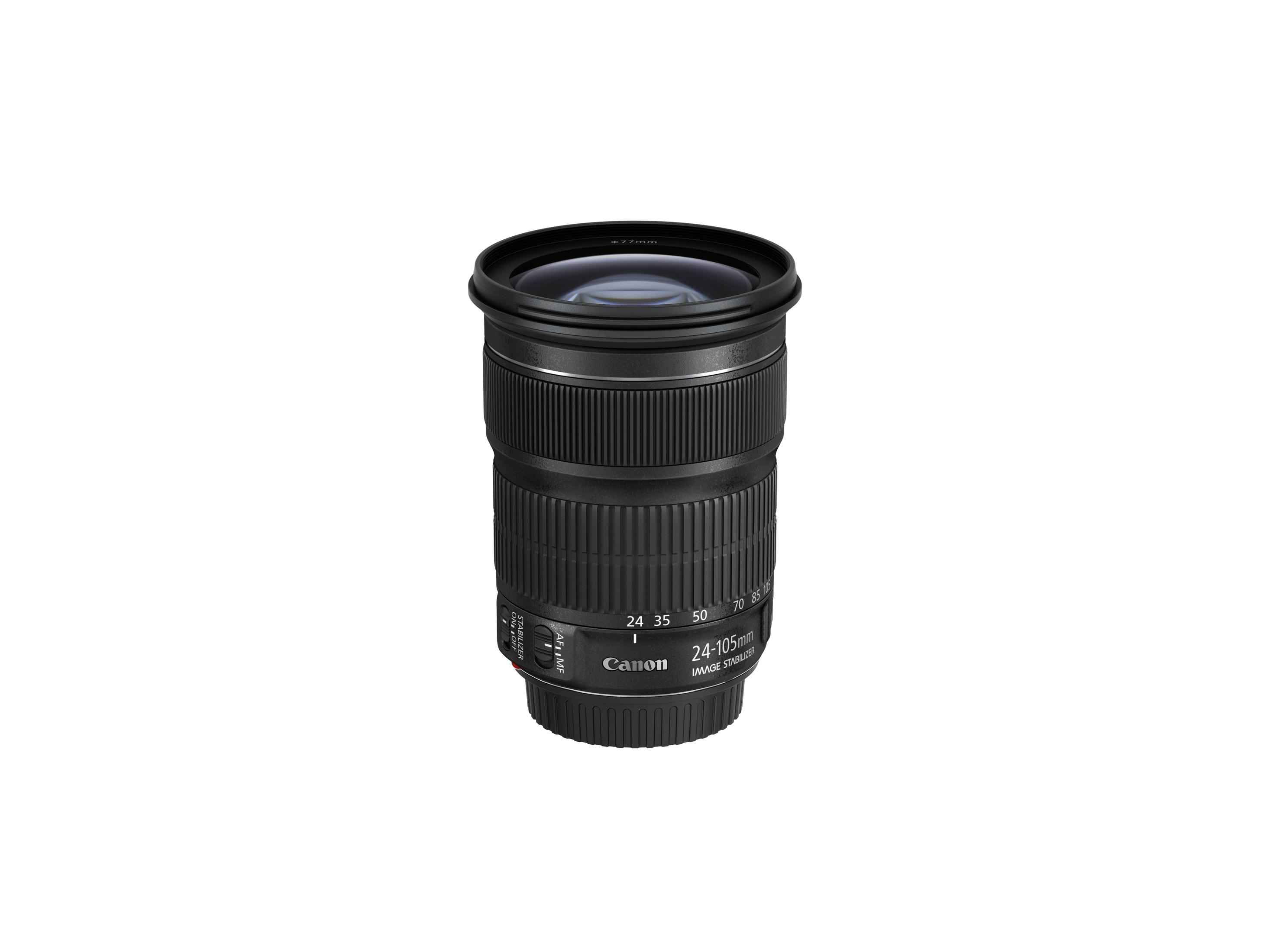 Schwarzes Canon 24-105mm Objektiv mit Zoomring und Fokusmarkierungen.