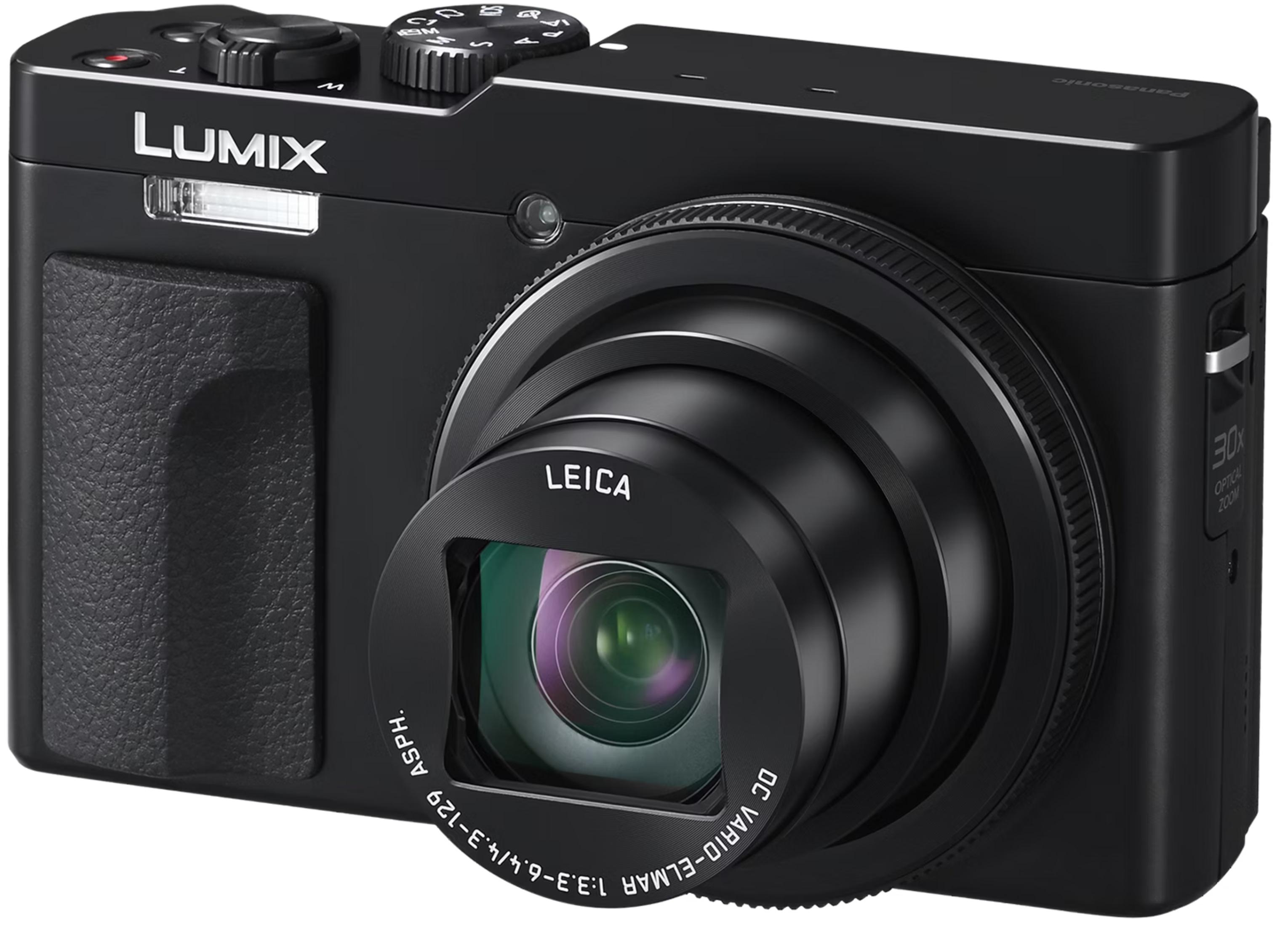 Czarny aparat cyfrowy Panasonic Lumix z obiektywem Leica i 30-krotnym zoomem optycznym.